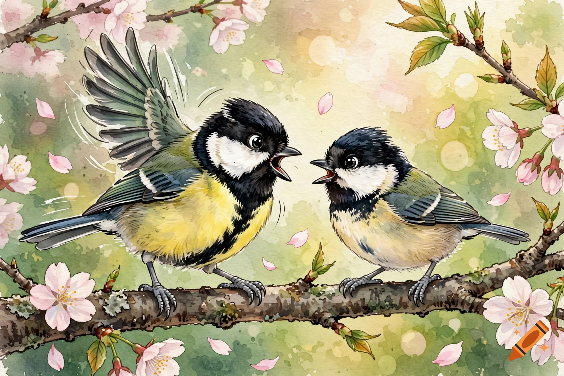 Watercolor illustration of two cute tit birds squabbling on a cherry blossom branch.