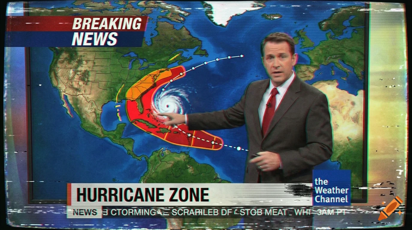 A 2010s style news broadcast featuring a meteorologist presenting a hurricane forecast on a world map with VHS static effects.