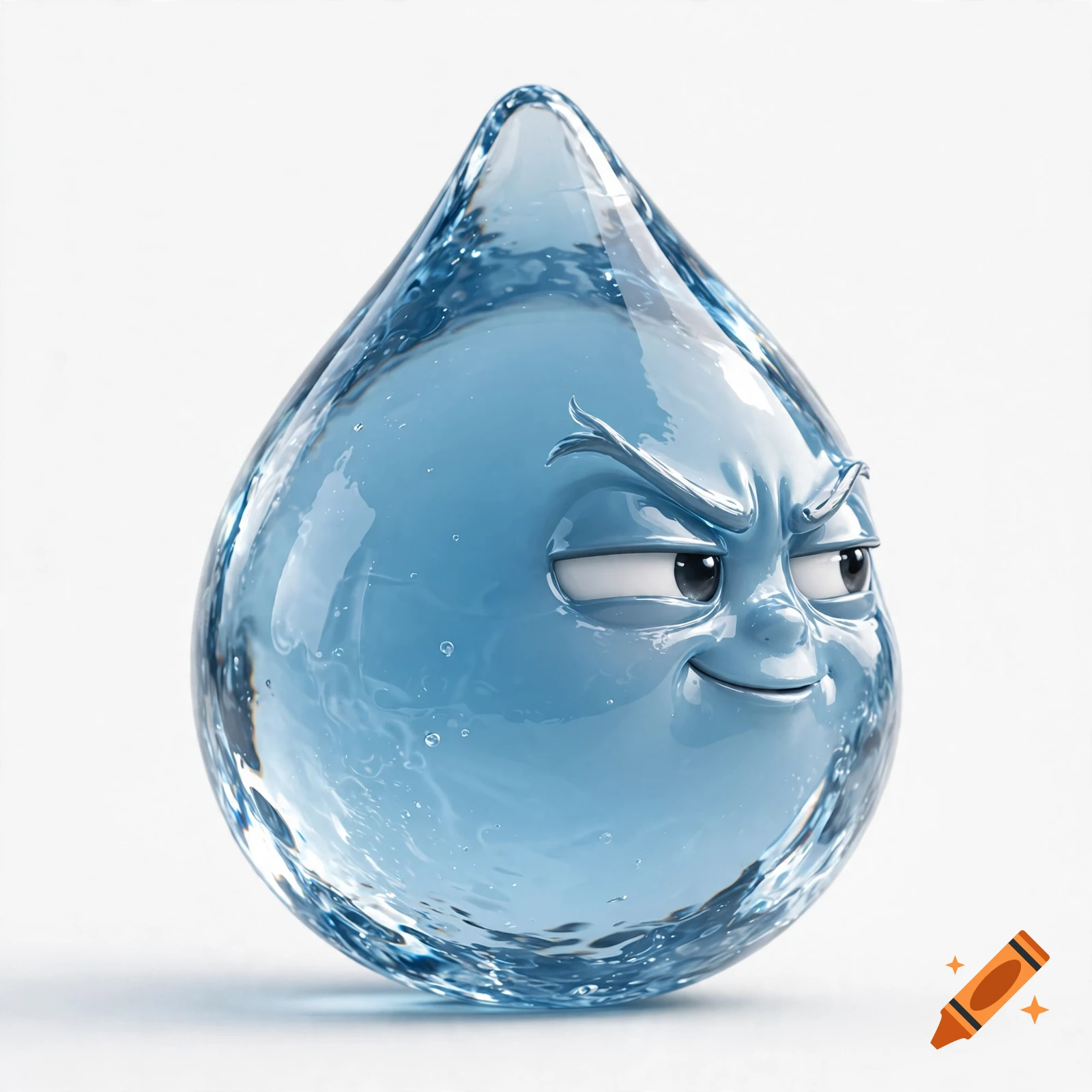 A 3D render of a blue water drop character with a mischievous facial expression and side-eye glance against a plain white background.