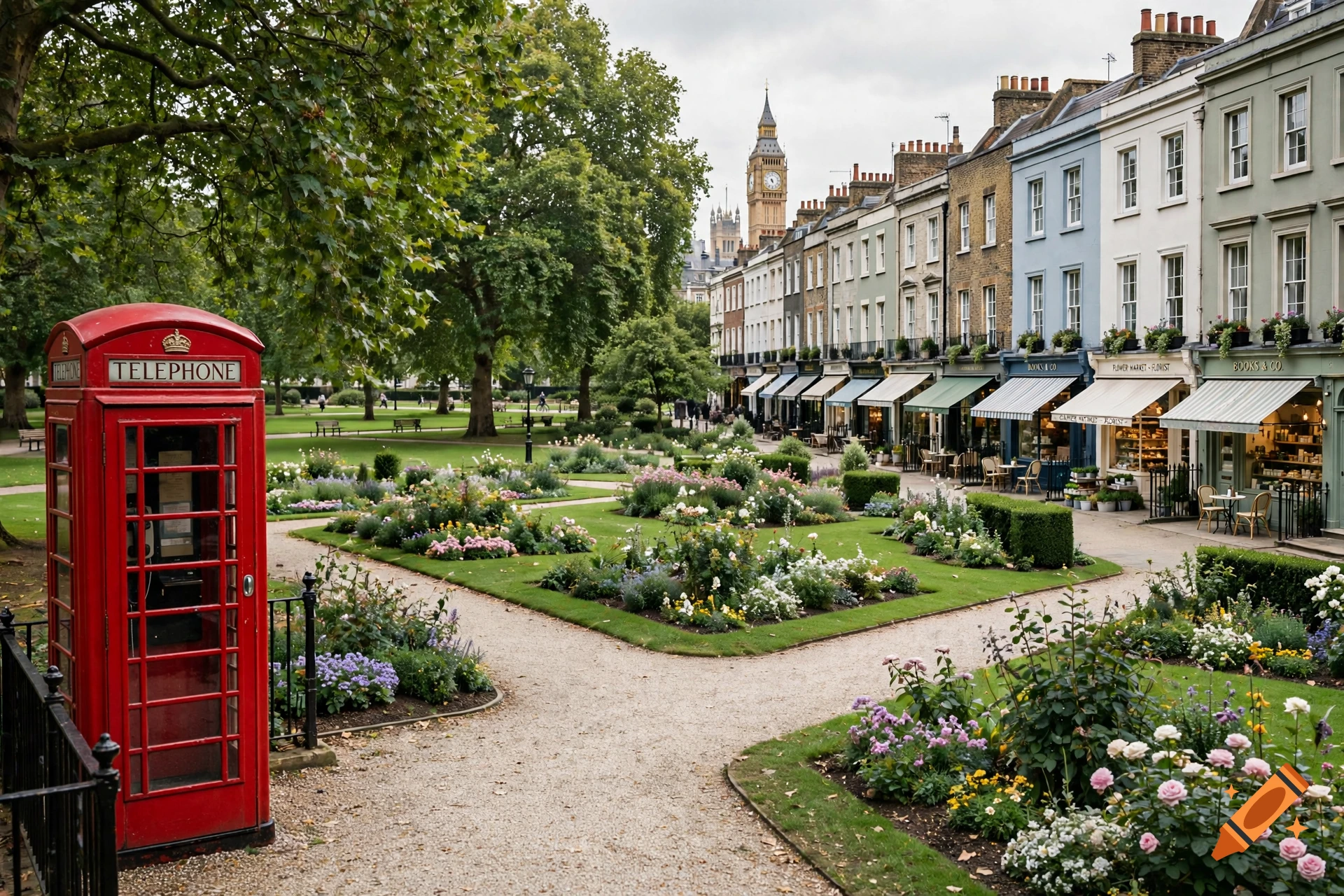 Photorealistic view of a London park with a red telephone box in the foreground and boutique shops along a garden walkway.