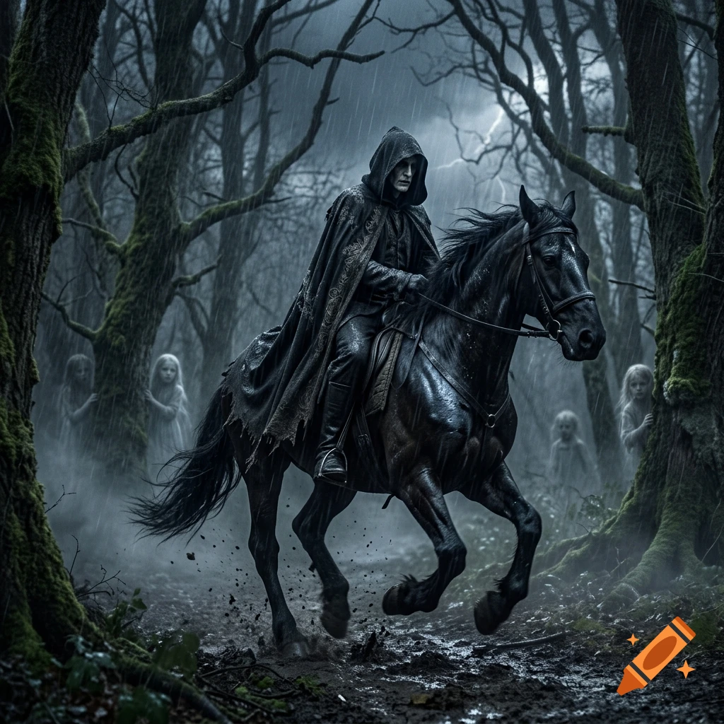 A cloaked rider on a black horse galloping through a dark, rainy forest past pale children.