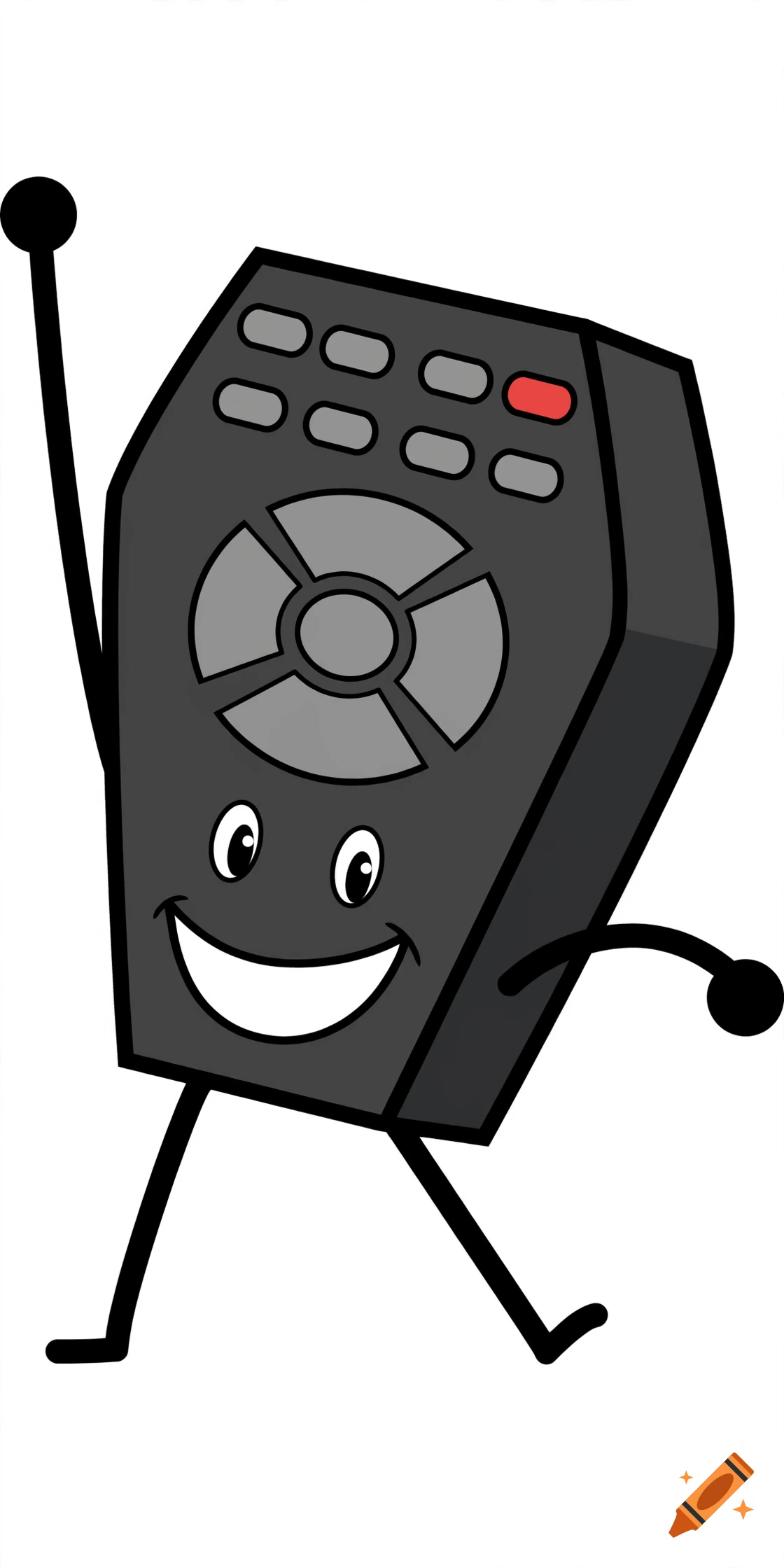 Digital drawing of a dark gray hexagonal remote control character with a happy face, arms, and legs on a white background.