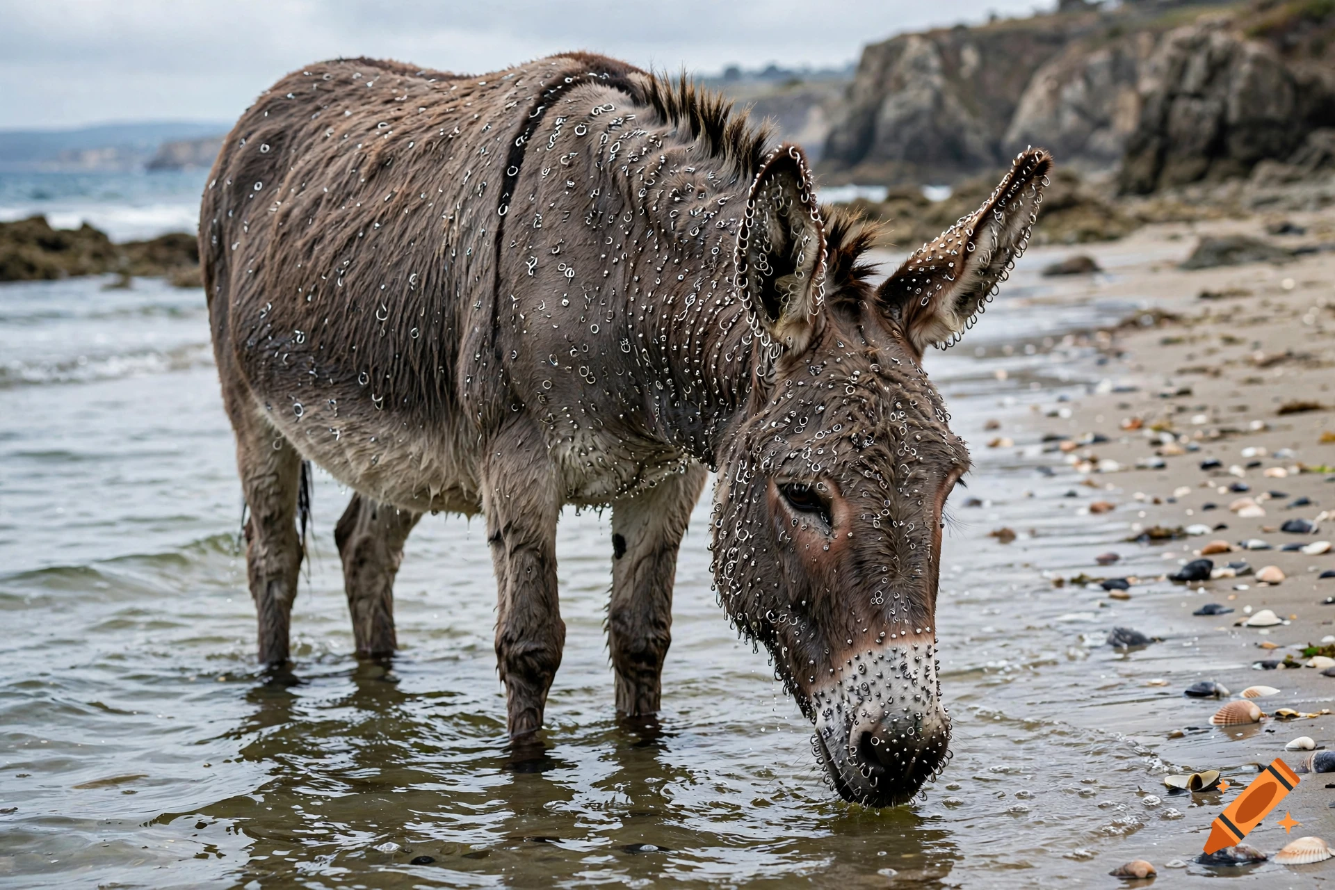 Photorealistic donkey covered in metal piercings standing in ocean water at a beach.