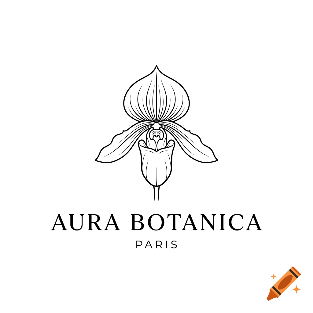 Black and white vector logo of a lady slipper orchid flower with the text 'AURA BOTANICA' and 'PARIS' underneath.