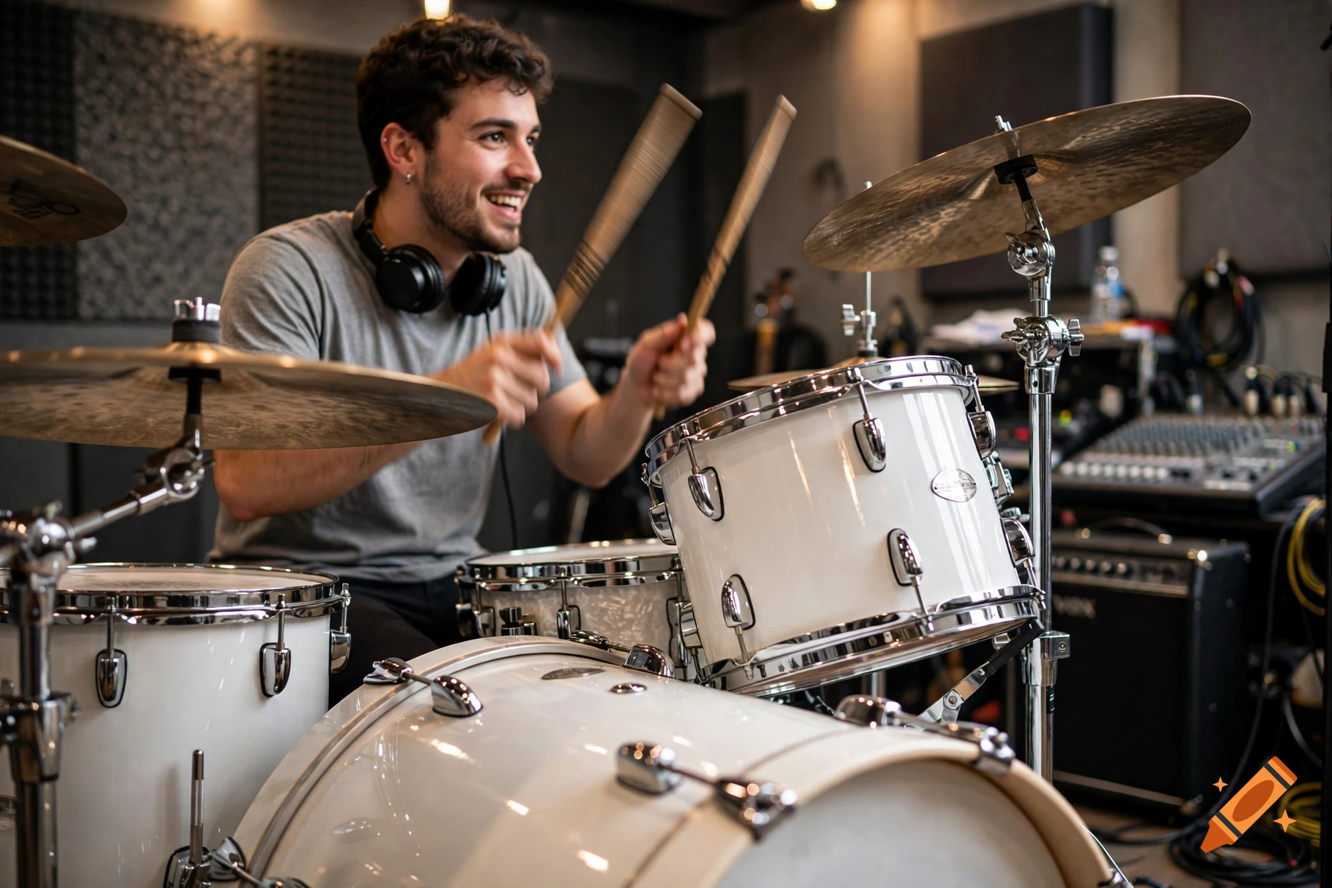 A young man smiling and playing a white drum kit in a recording studio, photorealistic.
