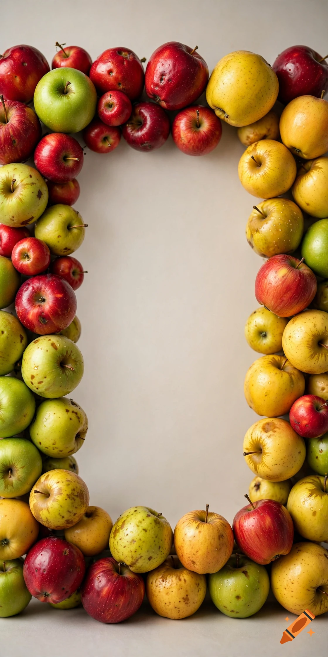 A rectangular frame border made of colorful red, green, and yellow apples on a light neutral background.