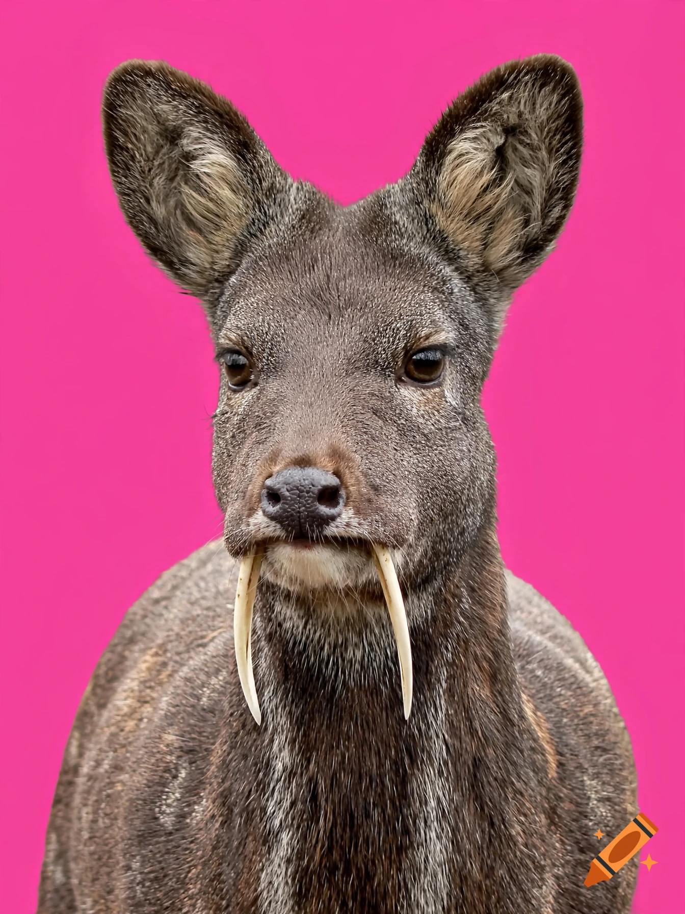 Photorealistic wildlife portrait of a Siberian musk deer with long saber-like canine tusks against a solid magenta background.