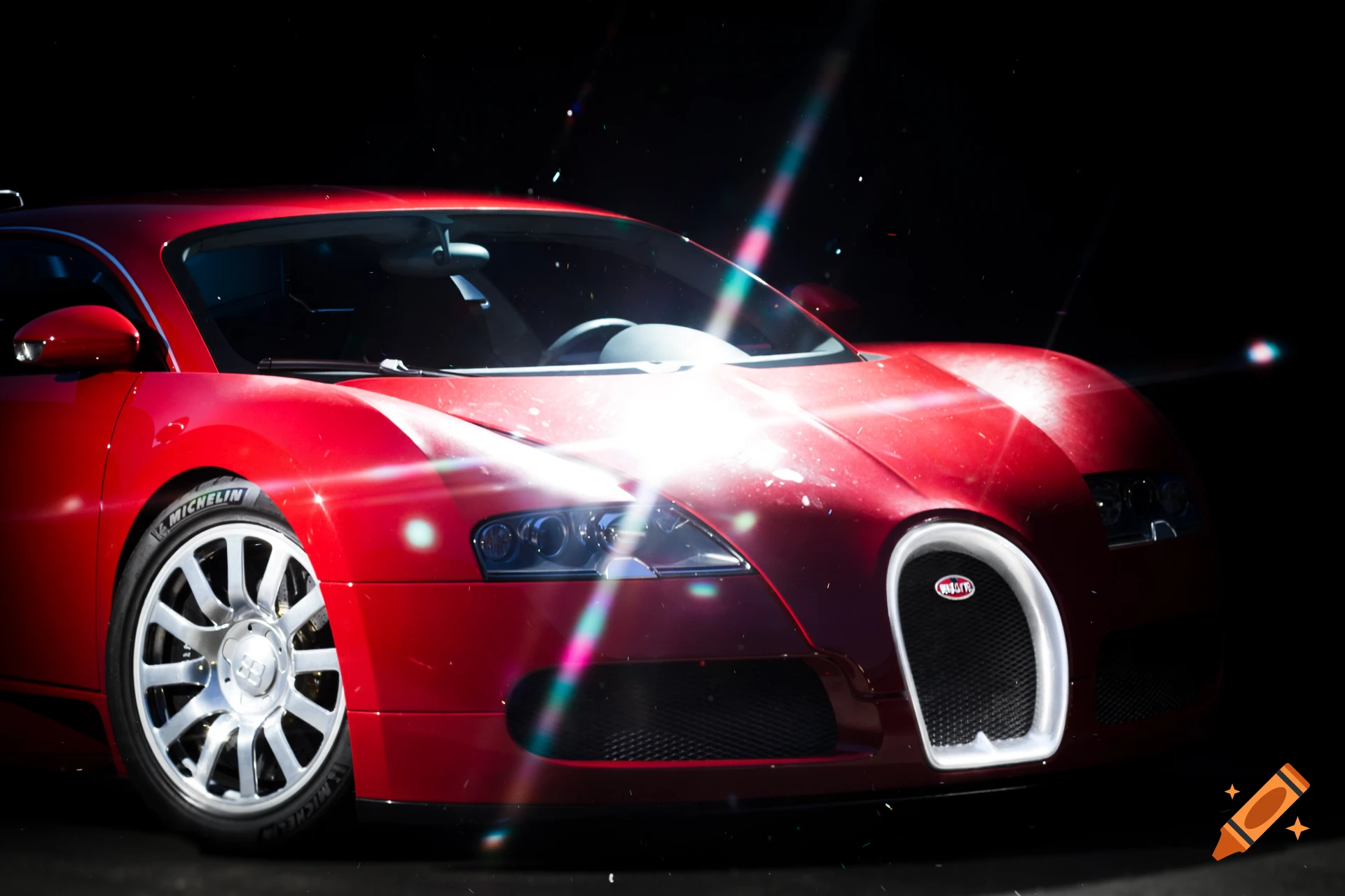 Amateur snapshot of a red Bugatti Veyron sports car at night with harsh flash and lens flare.