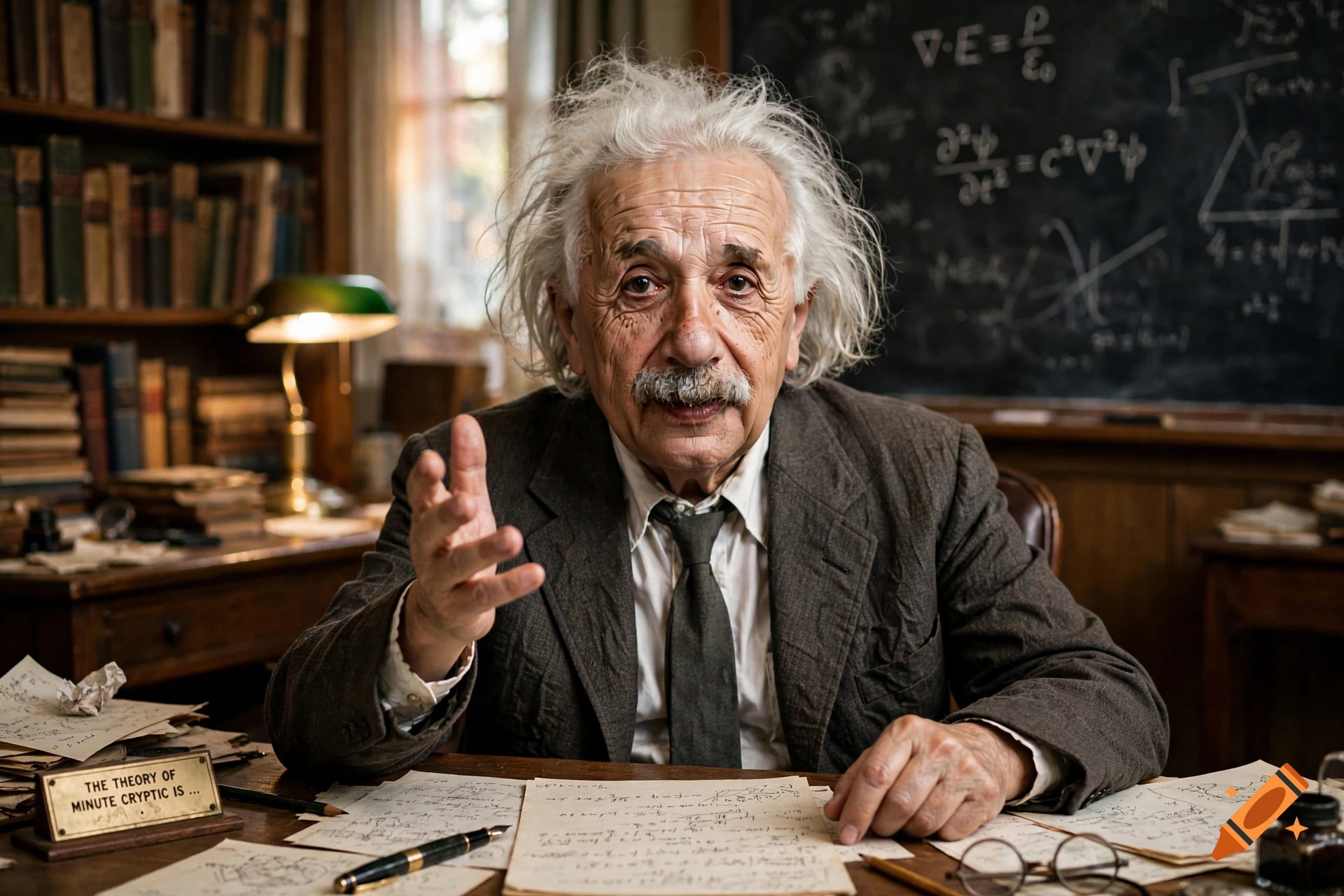 Photorealistic portrait of Albert Einstein sitting at a cluttered desk in a study with a chalkboard in the background.