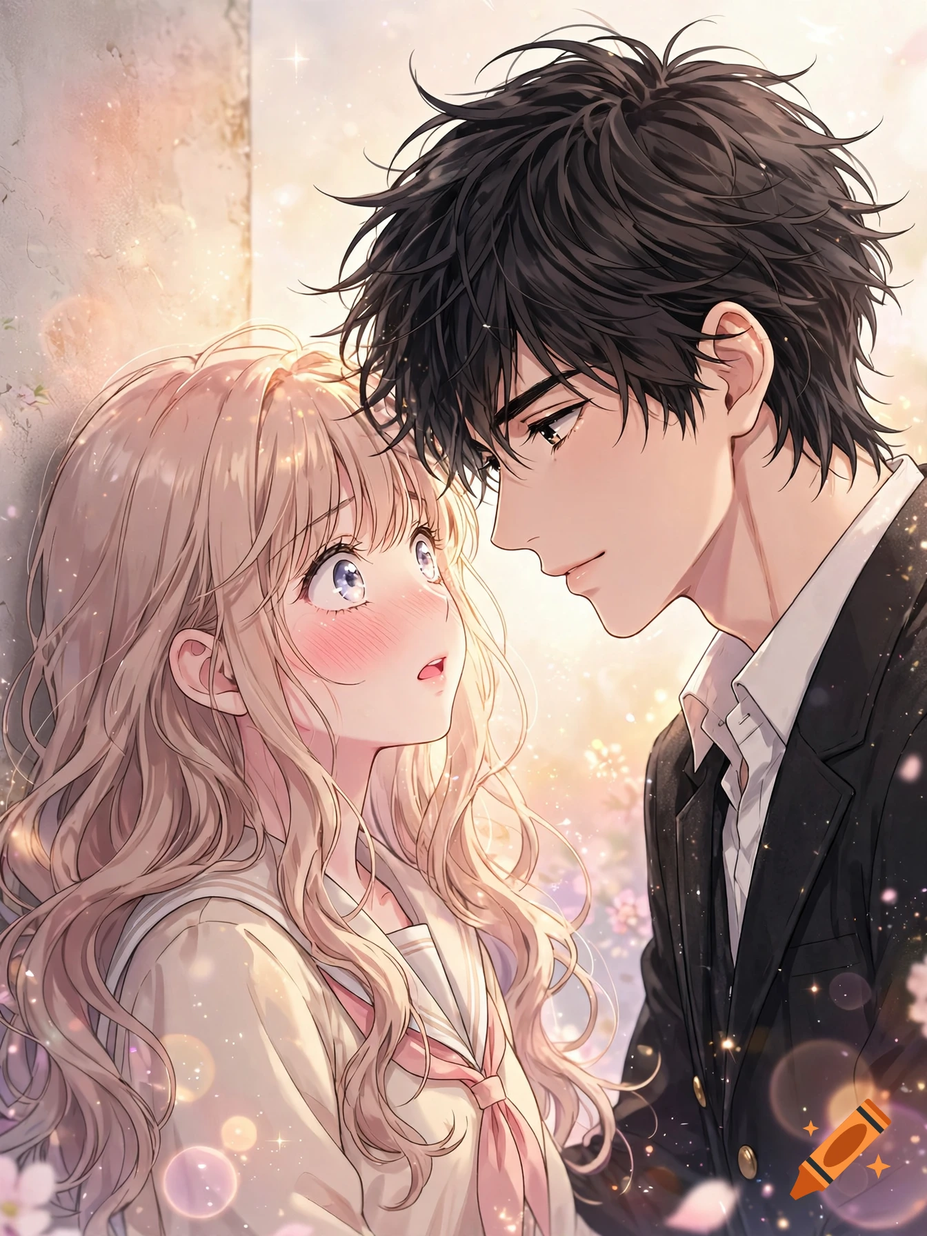 Close-up anime illustration of a blushing teenage girl and a handsome boy standing very close in a shoujo manga romance style.