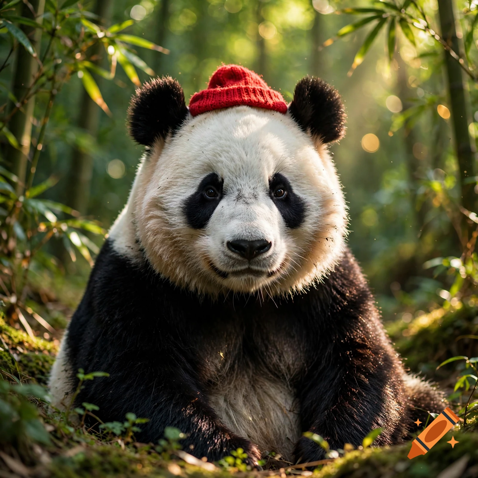 Photorealistic image of a panda wearing a small red beanie hat sitting in a bamboo forest.