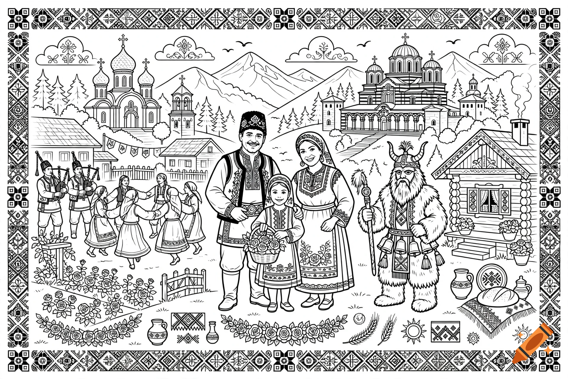 Colouring book page depicting Bulgarian cultural moments, including traditional dancers, musicians, a family, architecture, and folk motifs.