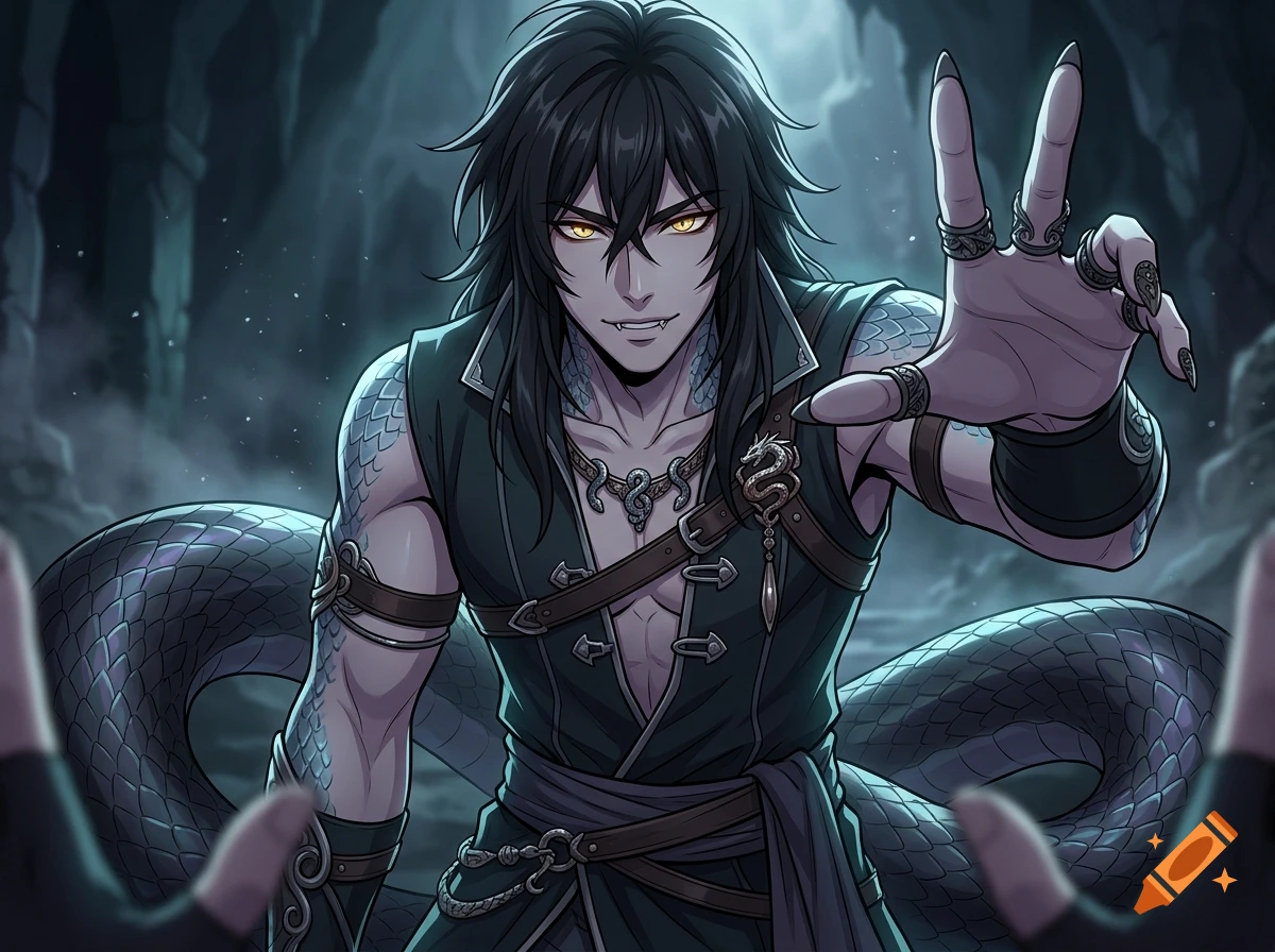 Anime style digital illustration of a male naga with dark hair, yellow eyes, and a snake lower body in a cave setting.