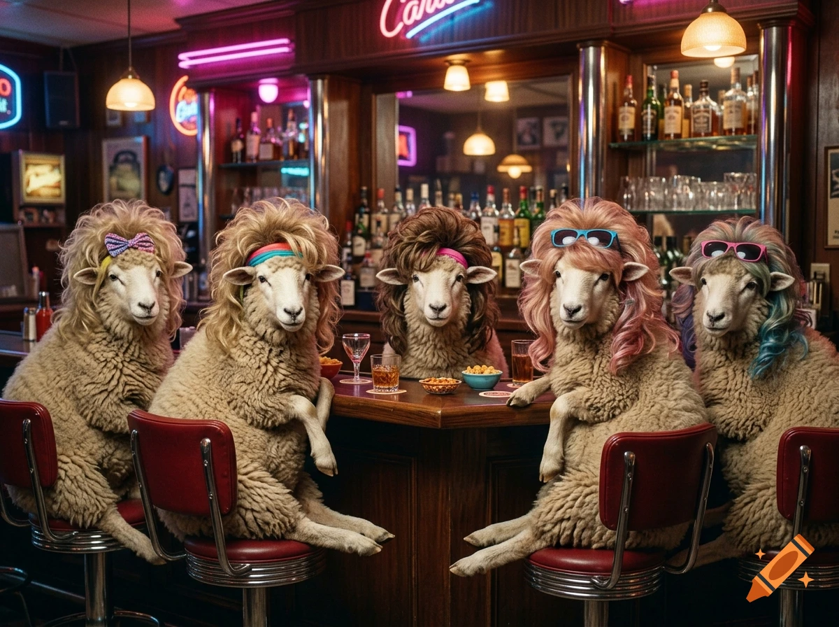 Photorealistic image of several sheep with 1980s hairstyles sitting at a bar drinking beverages.