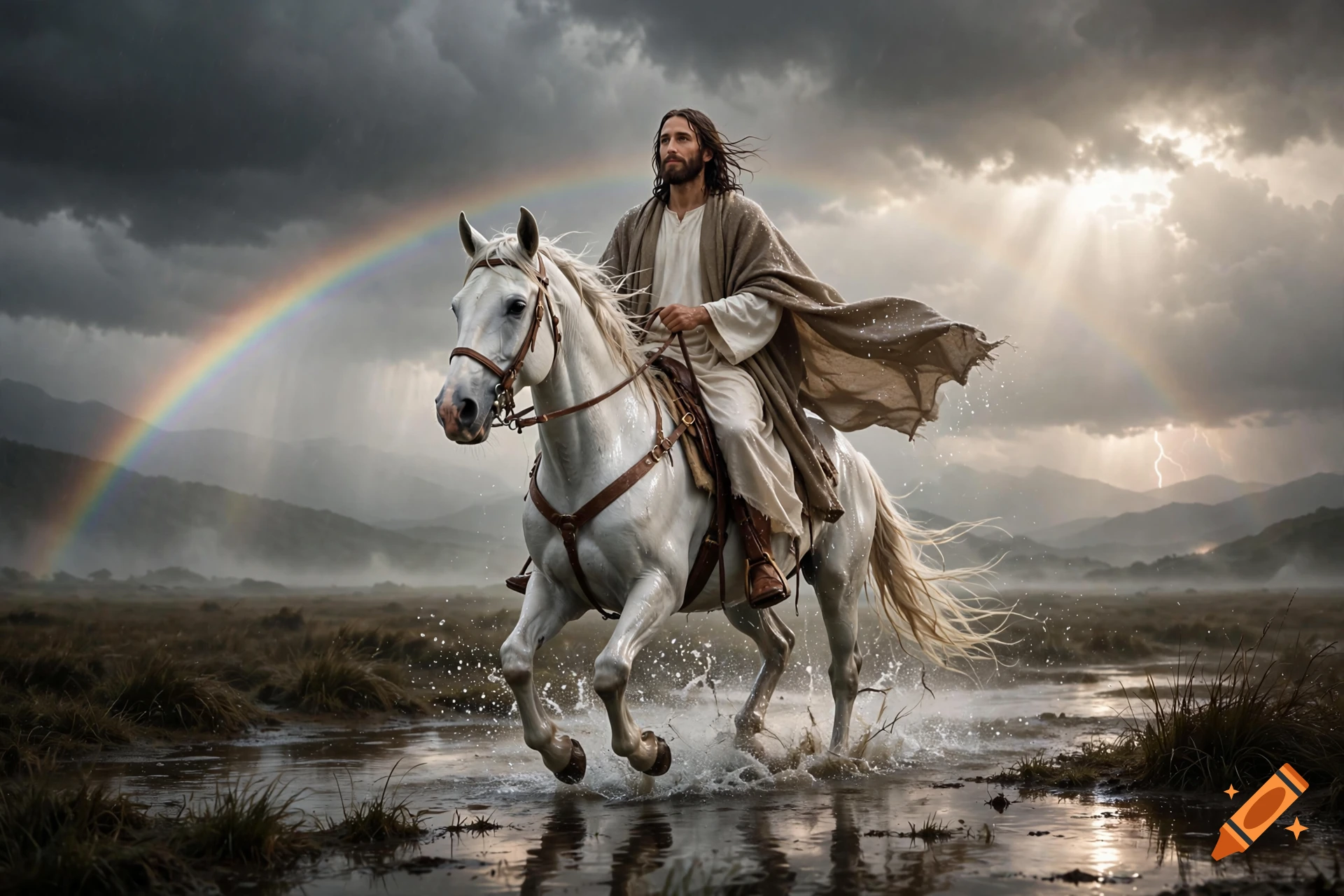 Jesus riding a white horse through water amidst a stormy landscape with a rainbow in the background, photorealistic style.
