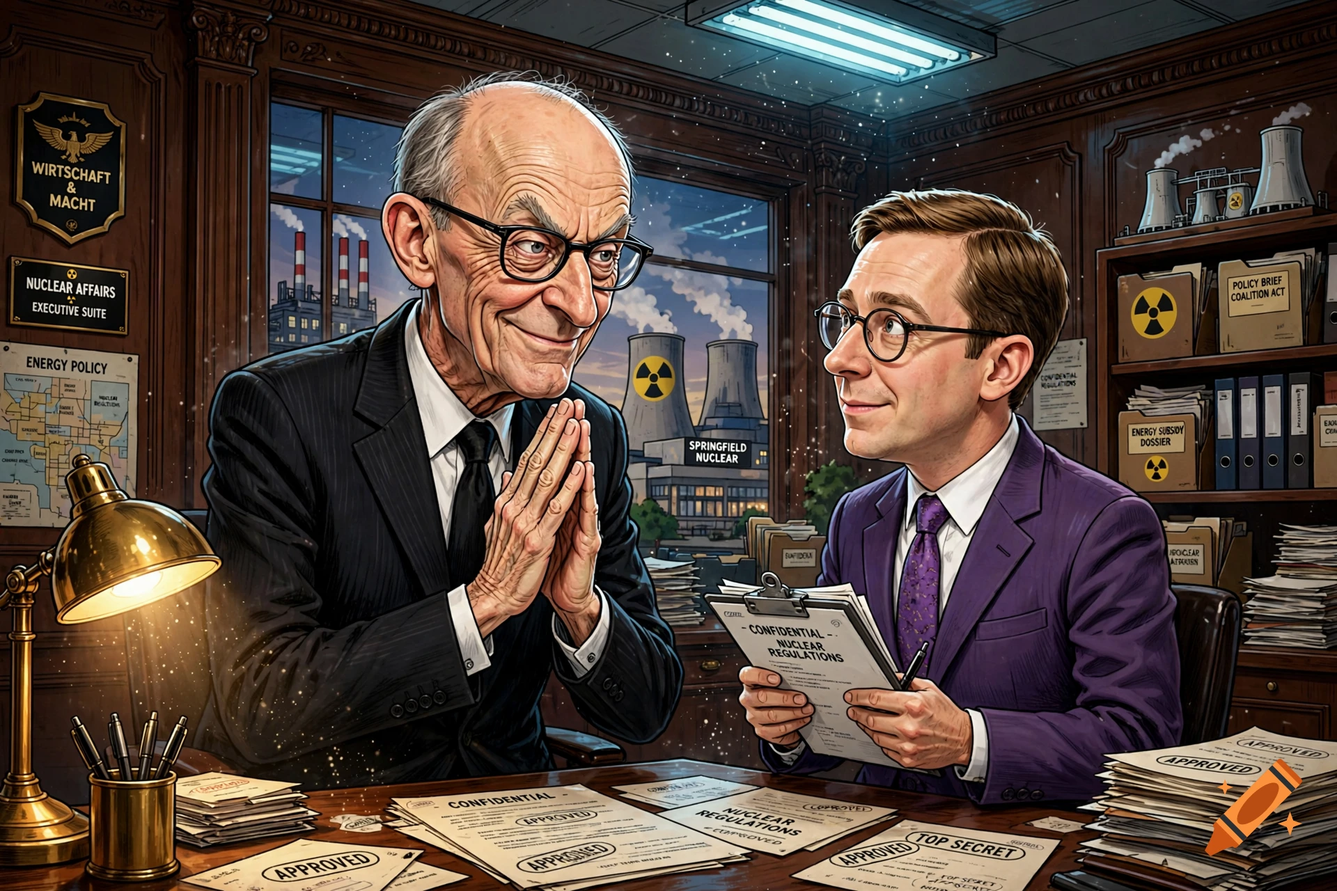 Caricature illustration of two politicians styled as Mr. Burns and Mr. Smithers from The Simpsons in an office setting.