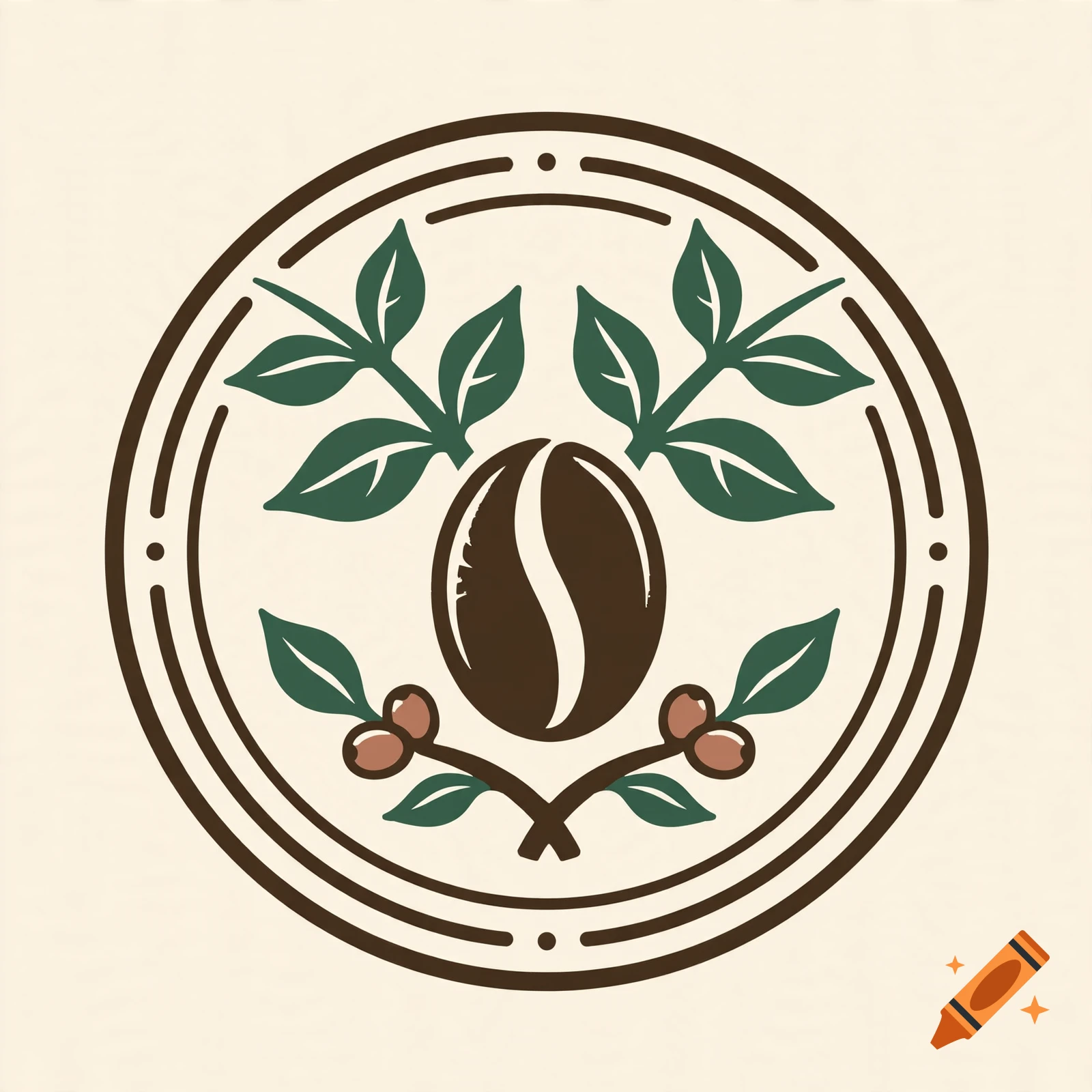 Circular coffee logo illustration with a coffee bean in the center, leaves, and berries.