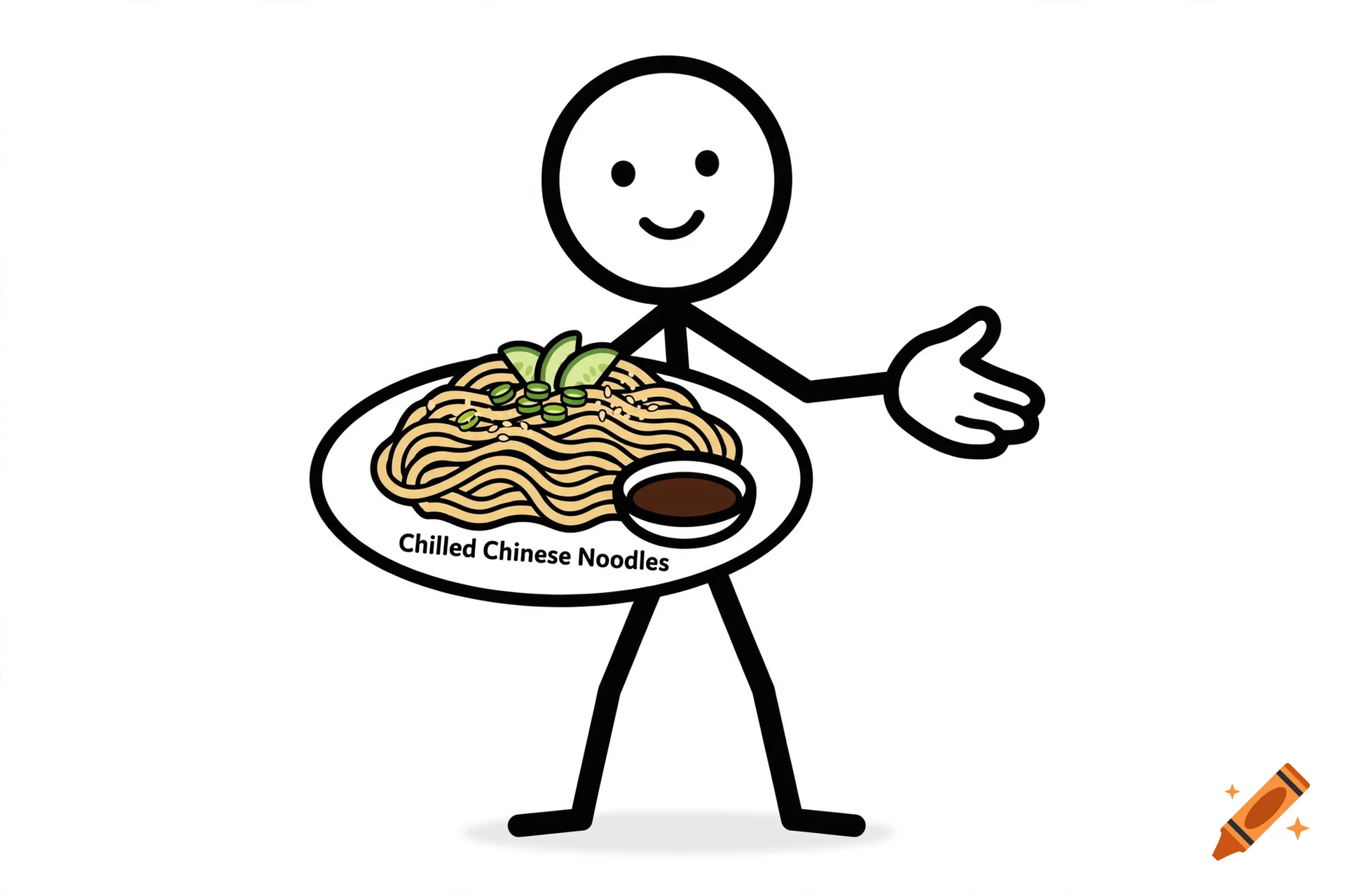 2D cartoon stickman holding a plate of chilled Chinese noodles with a side of sauce on a white background.