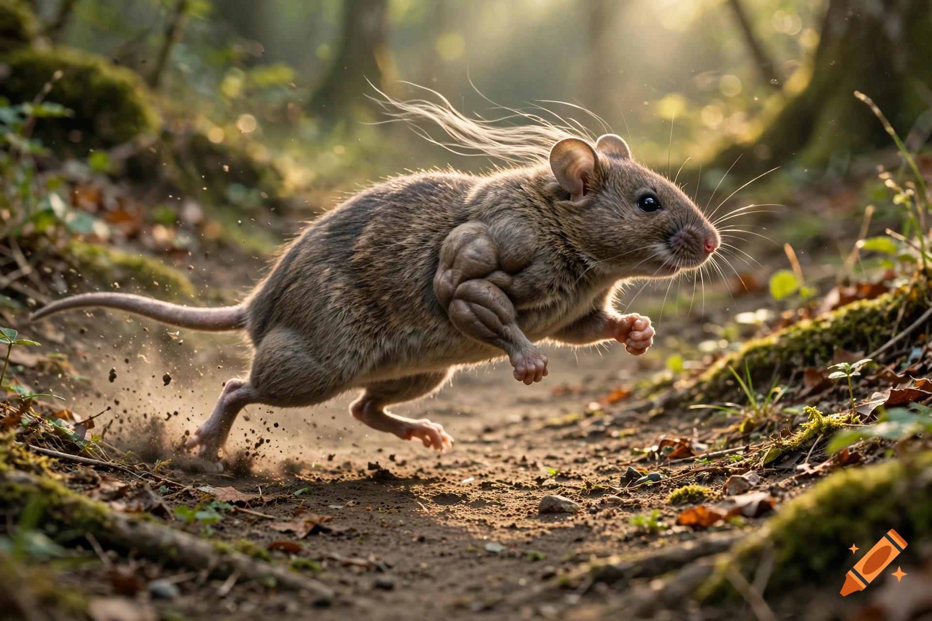 Photorealistic image of a muscular mouse running through a sunny forest path.