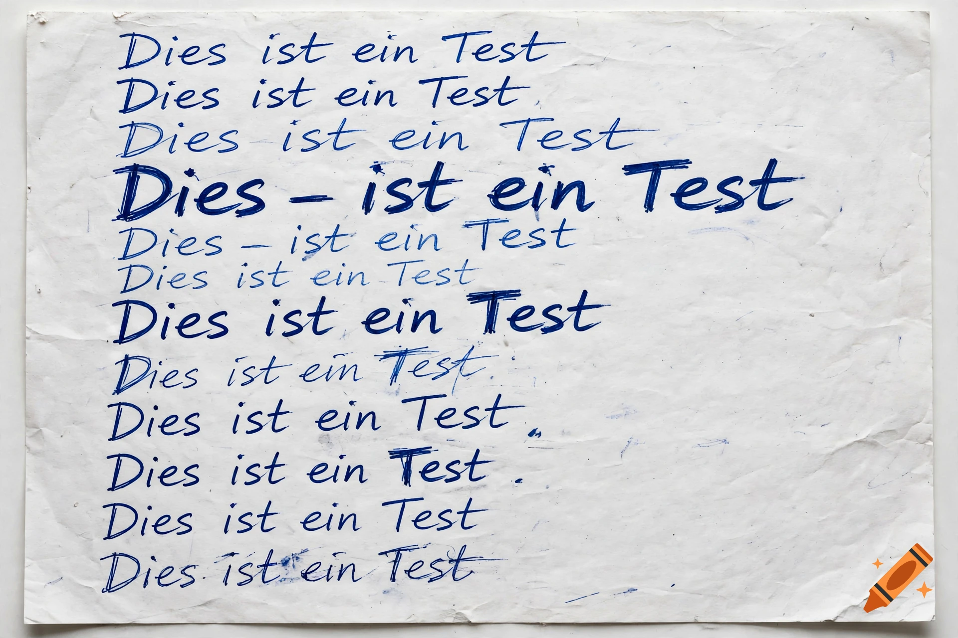 Handwritten blue text repeating the phrase "Dies ist ein Test" multiple times on a white textured paper.