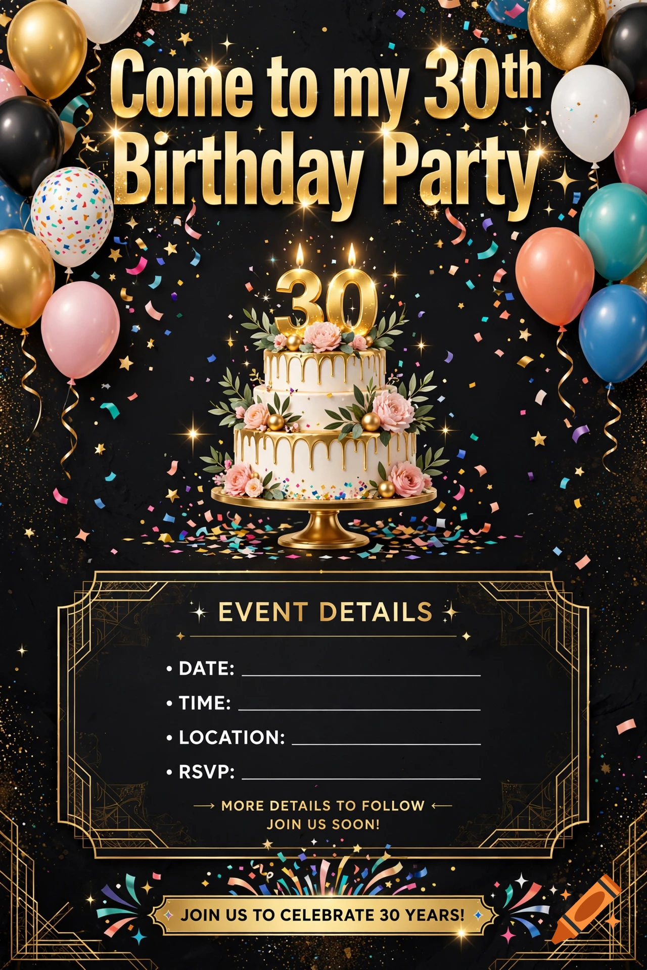 A 30th birthday party invitation with a three-tier cake, balloons, and confetti against a black background.