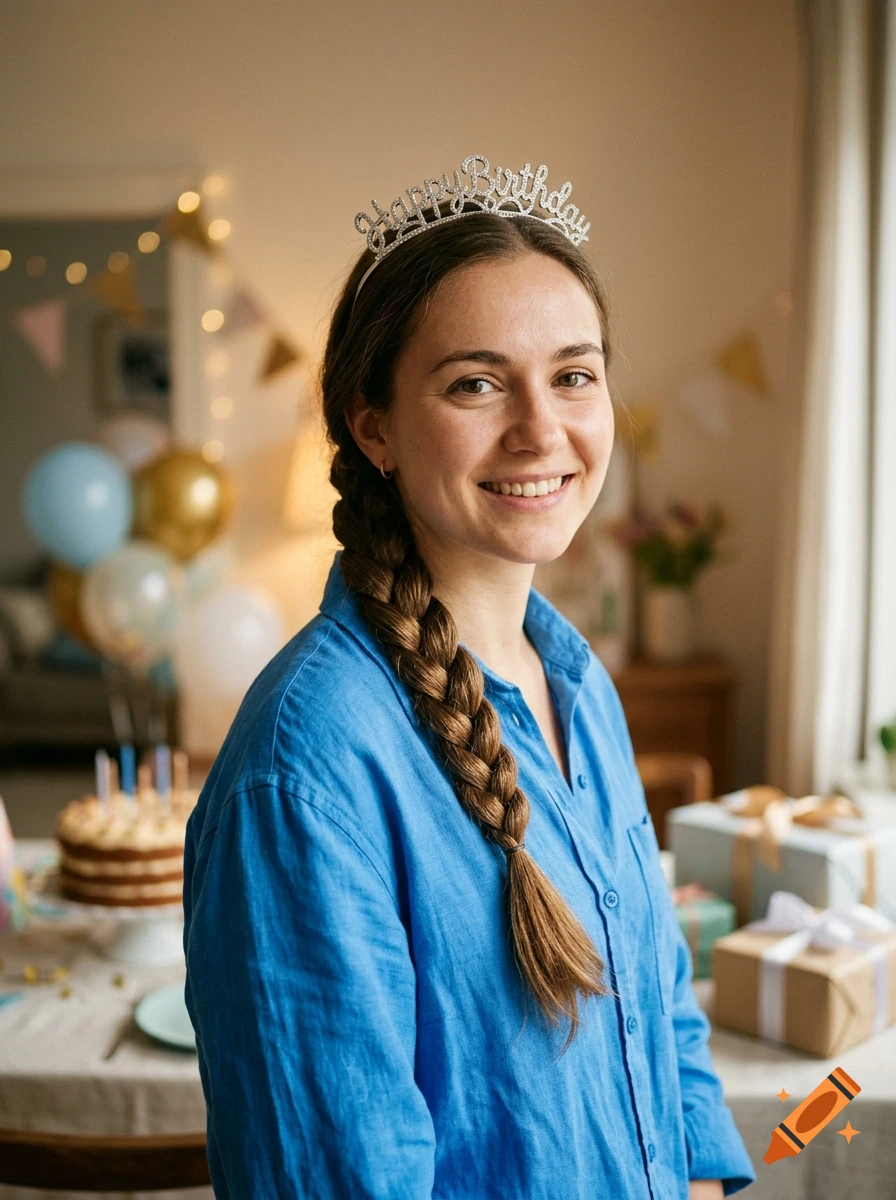 Photorealistic portrait of a young woman with a braid wearing a 'Happy Birthday' tiara and blue shirt at a birthday party.