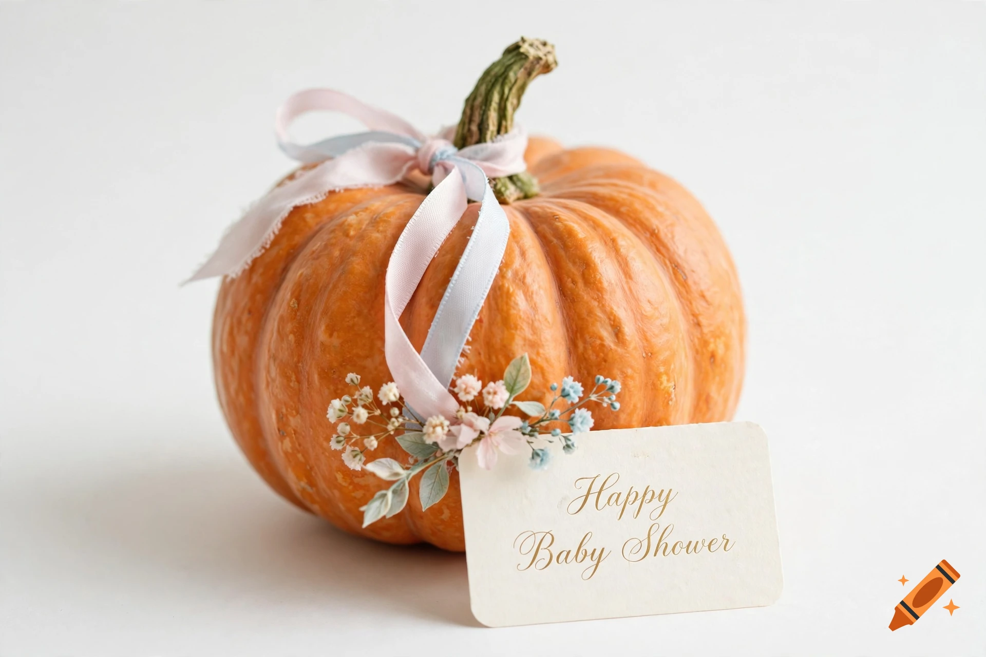 An orange pumpkin decorated with a pink and light blue ribbon and a tag that reads Happy Baby Shower on a white background.