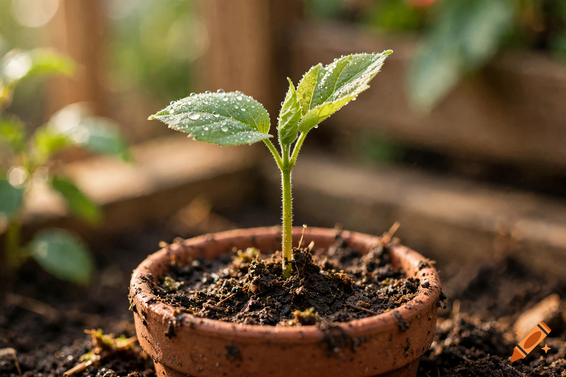 Close-up of a small green seedling with water droplets on its leaves growing in a terracotta pot filled with soil, photorealistic.