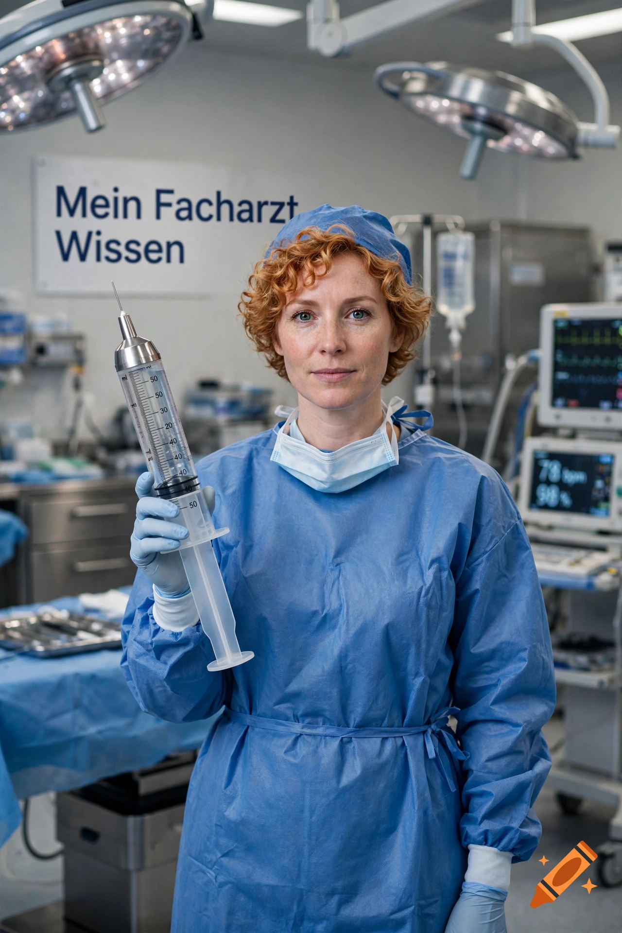 Photorealistic portrait of a female surgeon with red curly hair in scrubs holding a large syringe in an operating room.