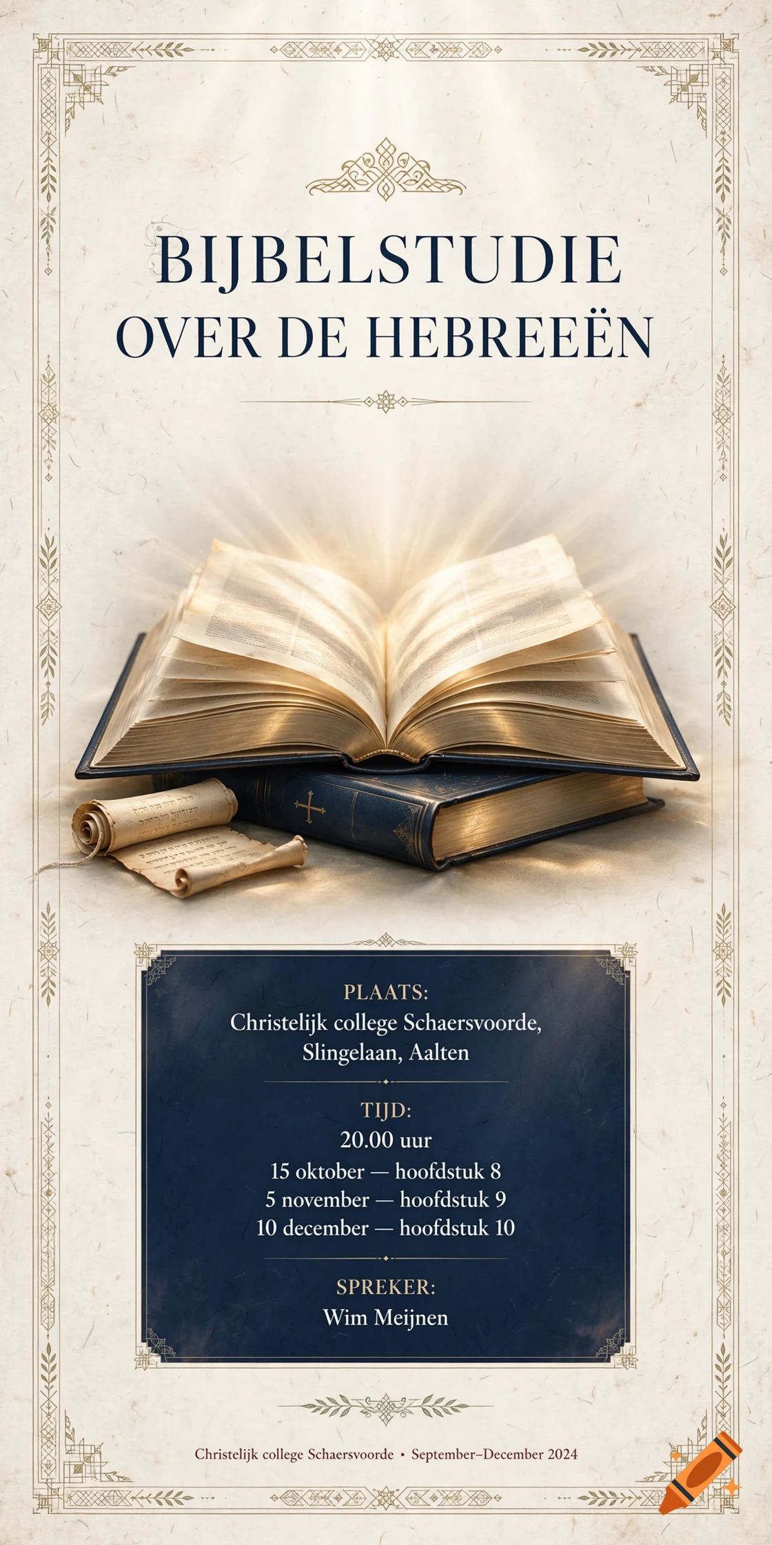 An A4 poster for a Bible study featuring an open bible, a scroll, and text details on a blue background.