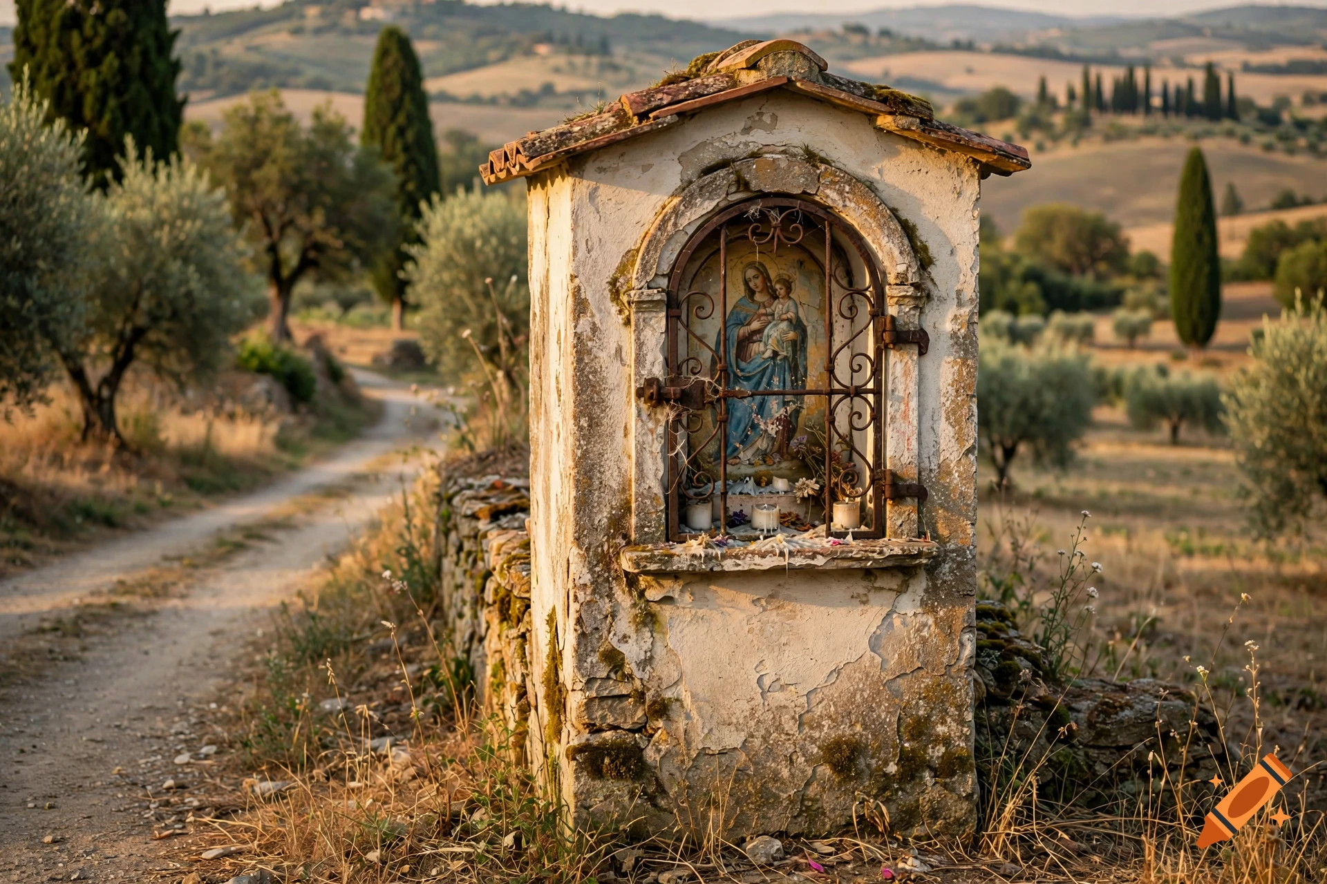 Photorealistic image of a 17th-century central Italian roadside shrine with a fresco of the Virgin Mary, set along a dirt path in Tuscany.