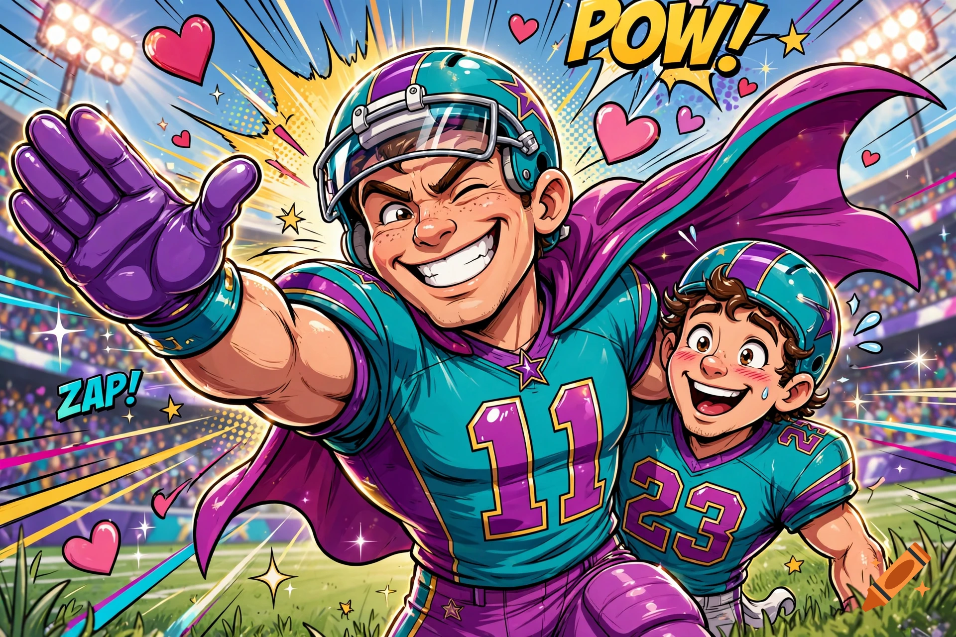 Cartoon illustration of a male football player wearing a teal and purple uniform with a cape, striking a superhero pose, with a teammate and stadium in the background.