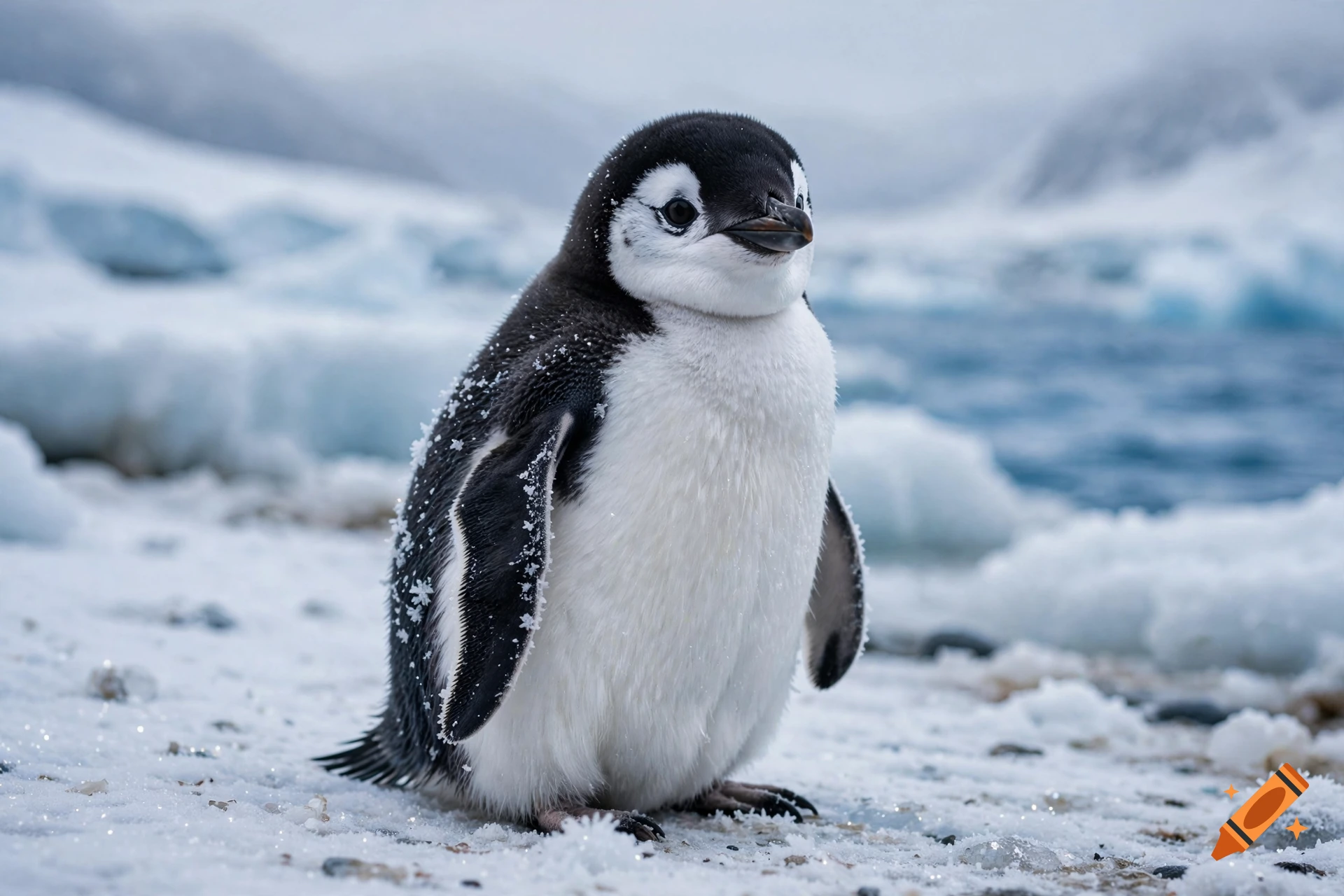 Photorealistic close-up of a cute penguin chick standing on snowy ground with snowflakes in its feathers against a blurred icy background.