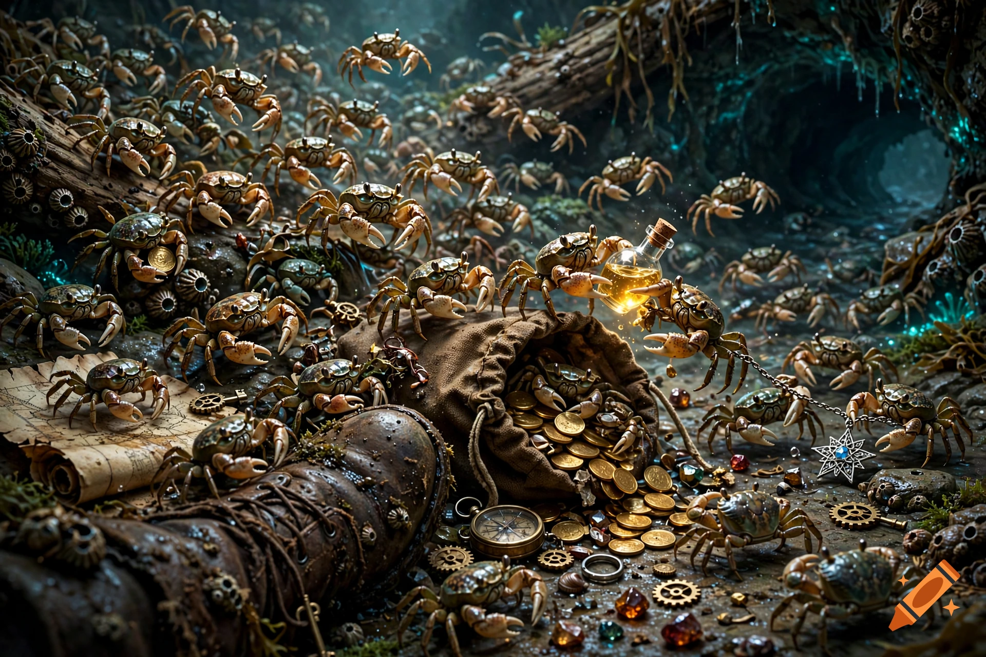 A swarm of tiny crabs pilfering coins, treasure, and a glowing potion from a discarded leather boot and bag in a dark cave, photorealistic style.