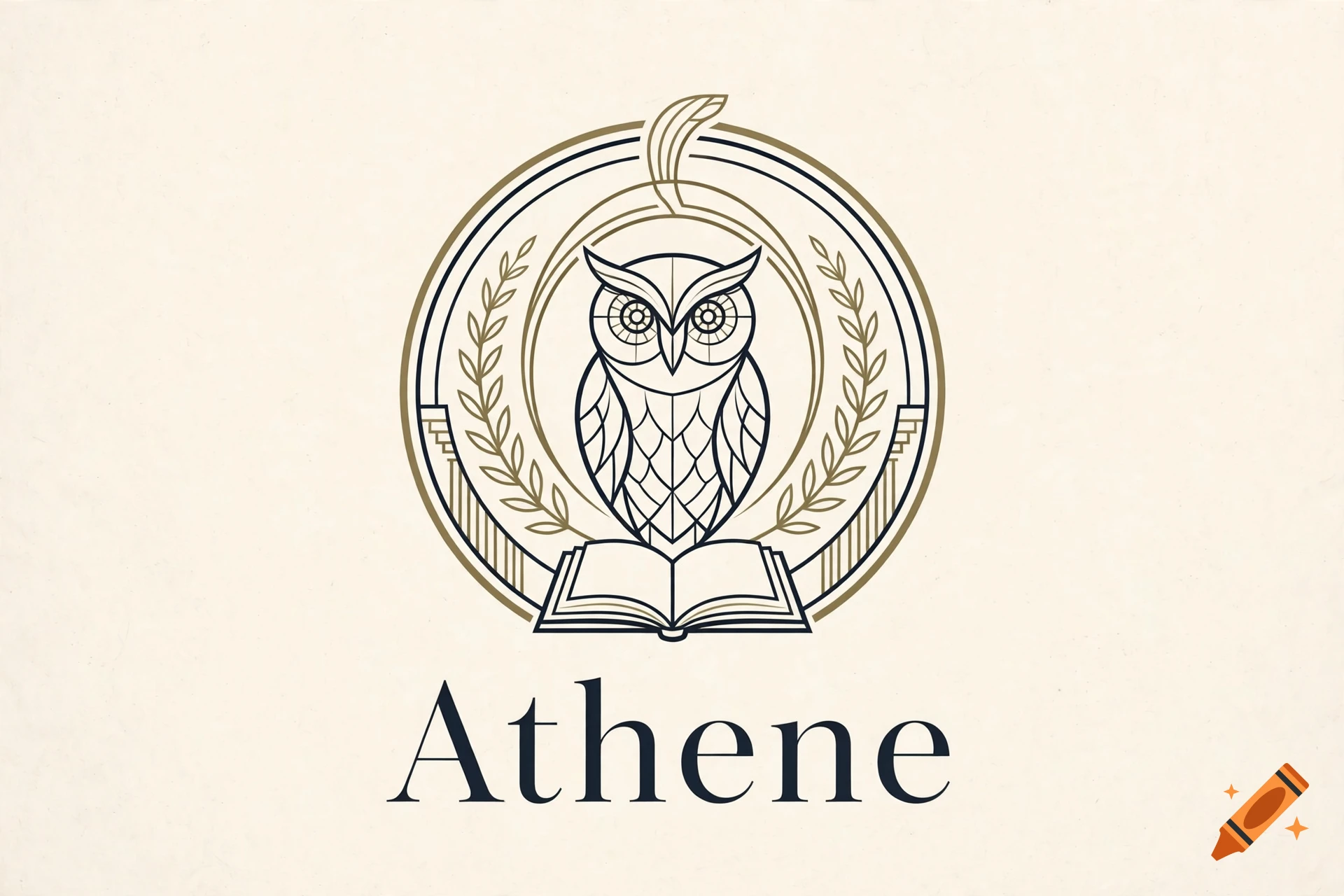Minimalist vector logo for a publishing company featuring an owl, laurel wreath, book, and the text 'Athene'.