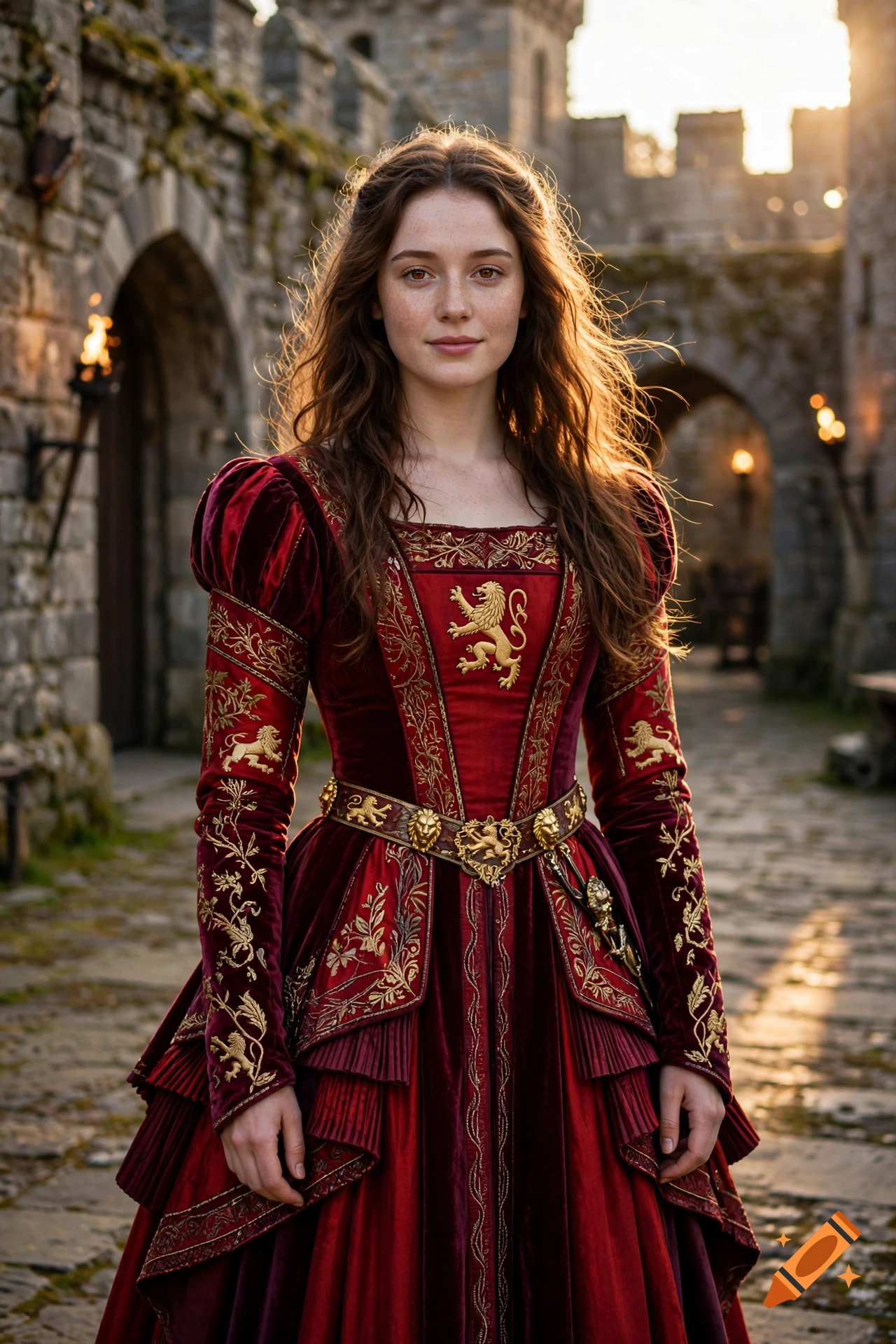 A photorealistic portrait of a young woman with brown hair and freckles, wearing a red and gold Lannister dress in a medieval castle courtyard.