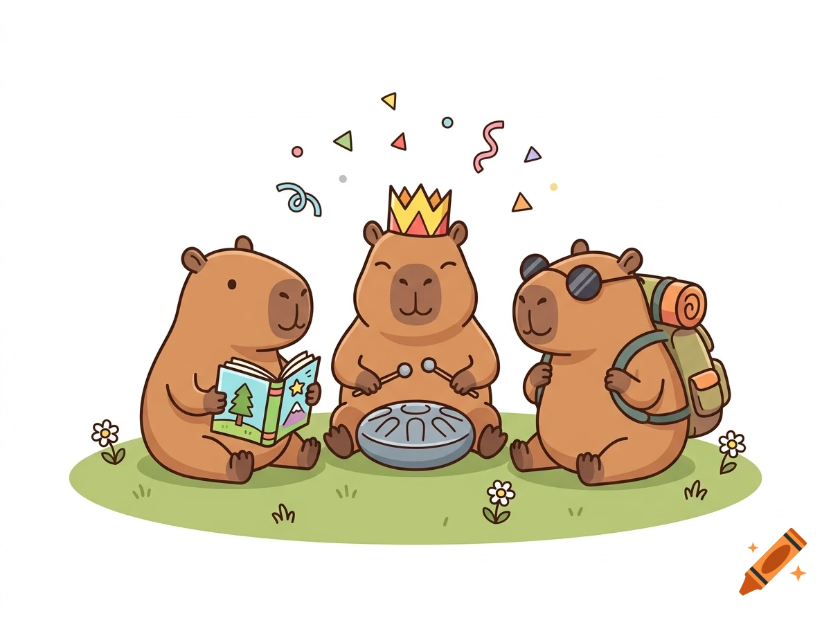 Vector illustration of three chubby capybaras on a green meadow, one wearing a crown playing a drum, one with a book, and one with a backpack and sunglasses.