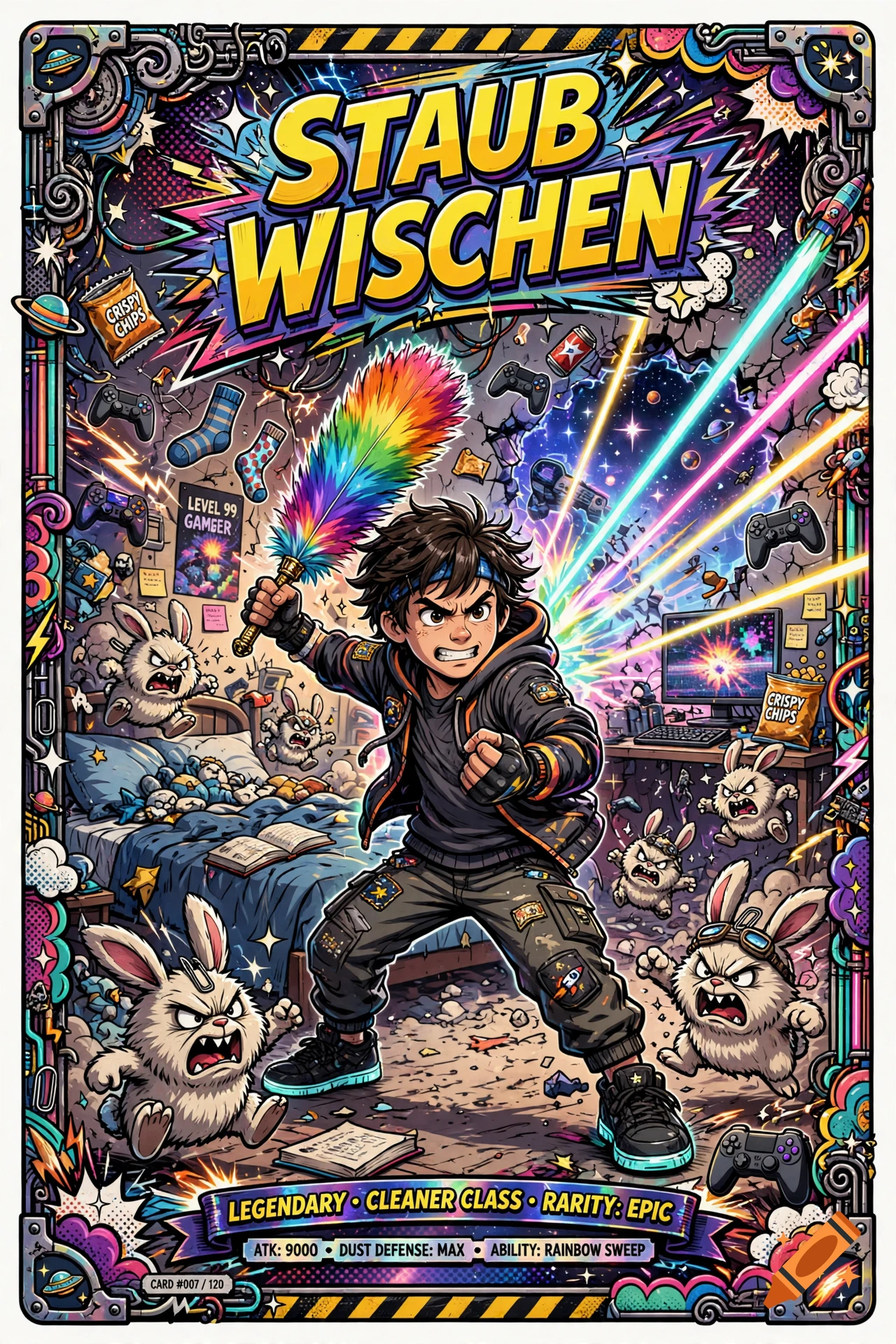 An energetic anime-style illustration of a young person holding a rainbow feather duster, surrounded by chaotic elements like flying bunnies, game controllers, and snacks in a messy bedroom, with bold text reading "STAUB WISCHEN" at the top.