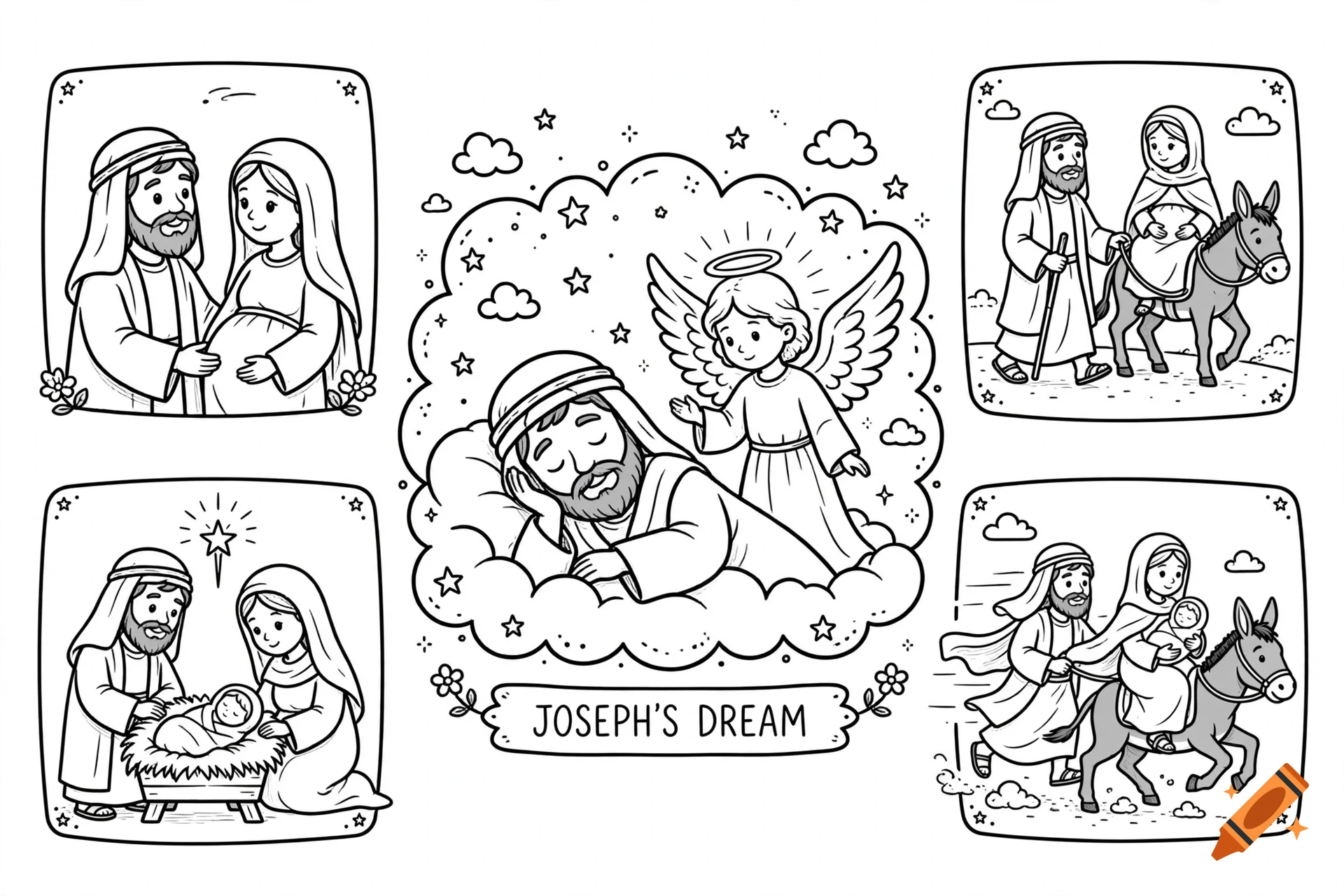 A black-and-white coloring page illustrating Joseph's dream and the nativity story with various scenes.