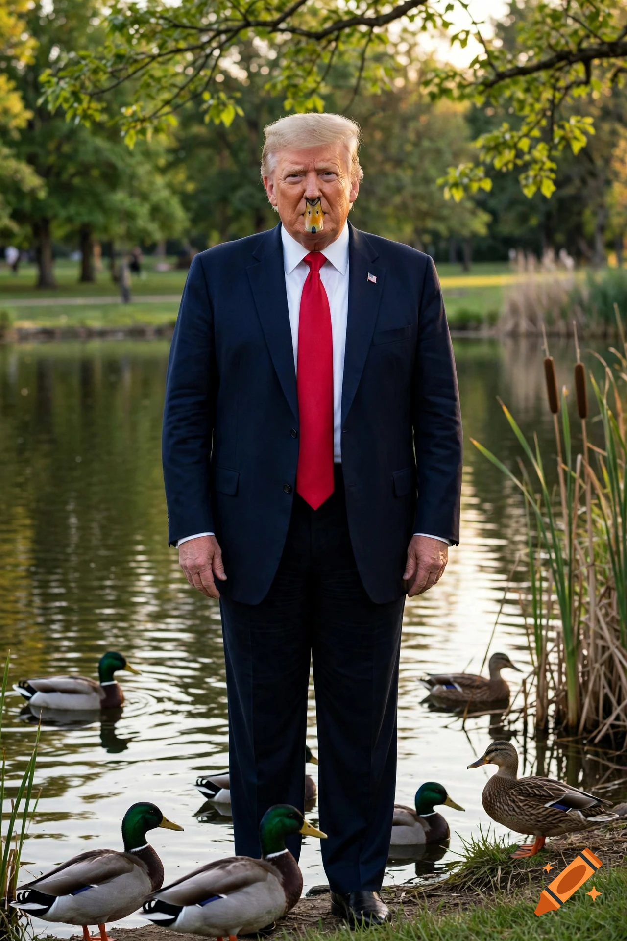 Photorealistic image of Donald Trump standing by a pond with a duck bill on his face, surrounded by ducks.