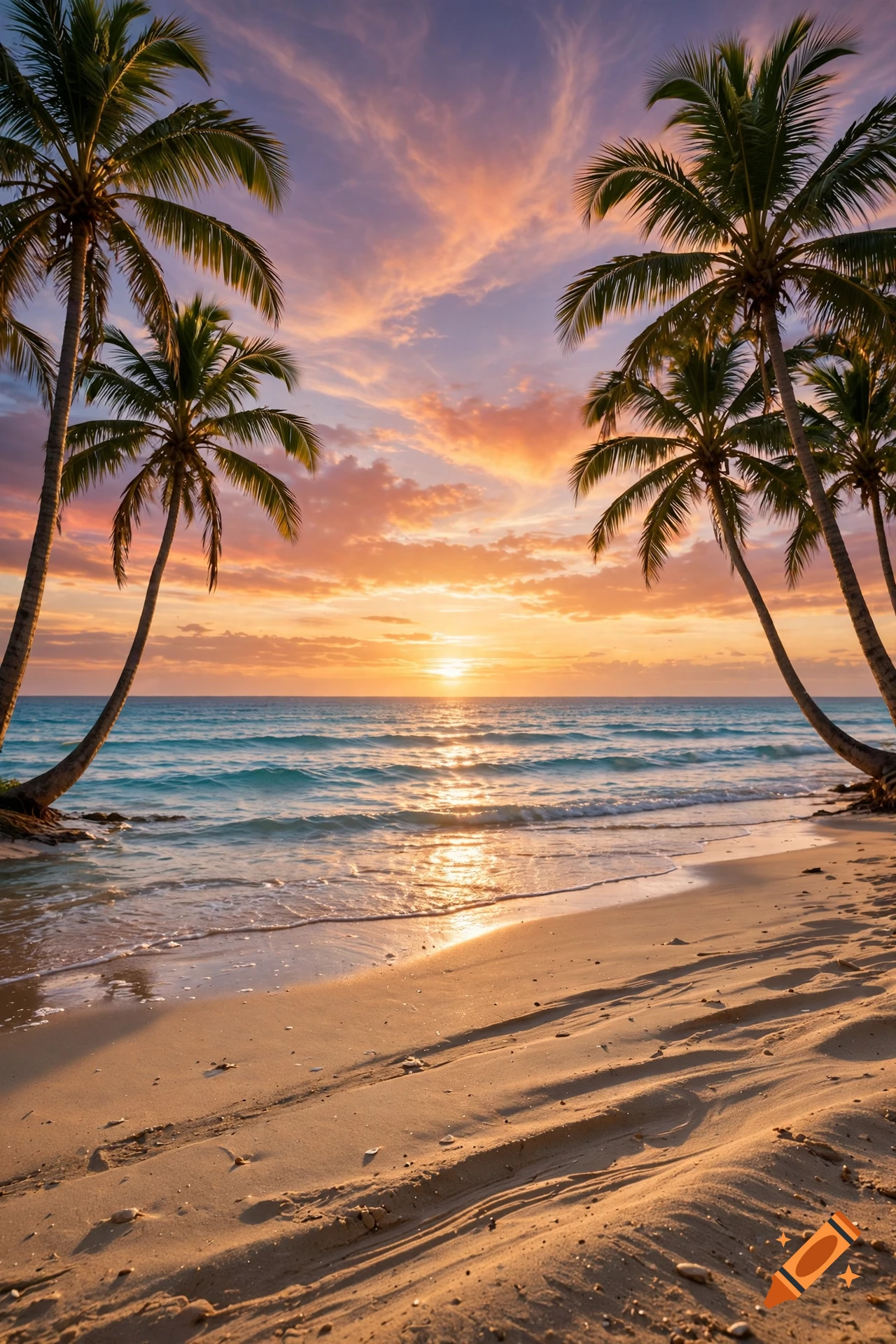 Photorealistic tropical beach at sunset with silhouetted palm trees, calm turquoise ocean, and a warm glowing sky.