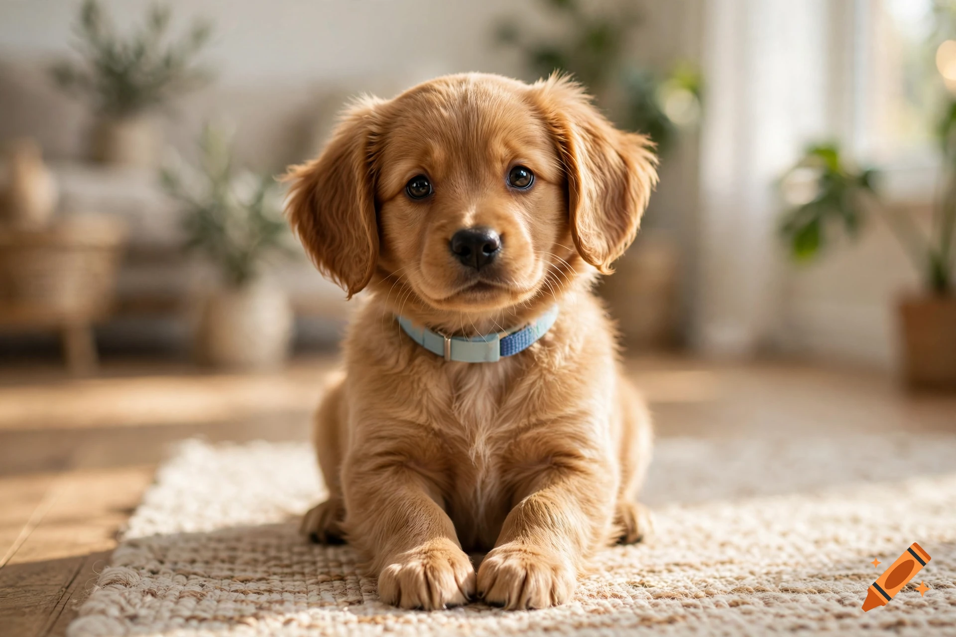 Photorealistic close-up of a cute golden retriever puppy sitting on a rug indoors, wearing a light blue collar and looking directly at the camera.