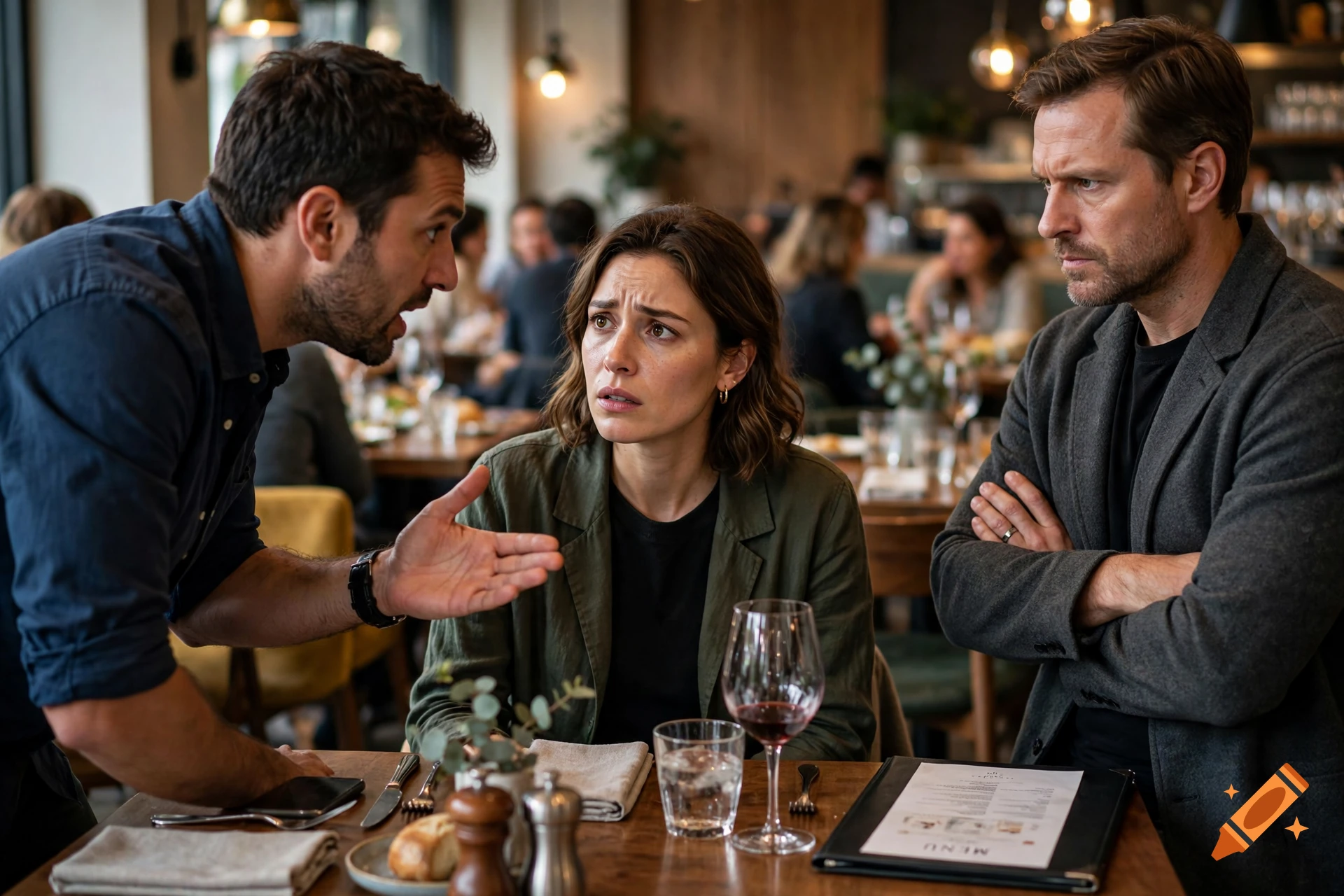An intense argument in a restaurant between two men standing and sitting next to a tense woman seated at a table.