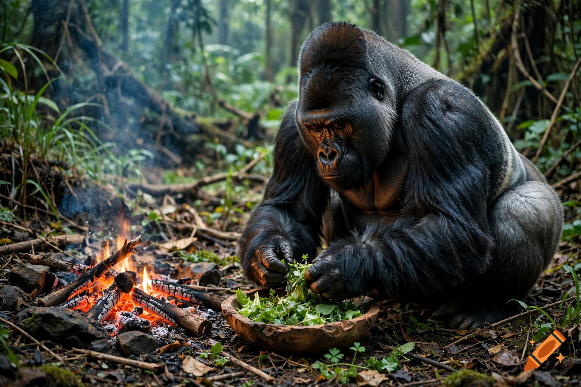 Photorealistic silverback gorilla making a leaf salad over a campfire in a lush jungle.