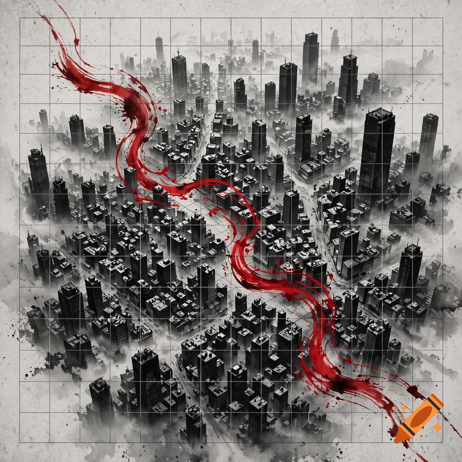 Grayscale aerial view of a futuristic cityscape overlaid with a grid and a sweeping stroke of vibrant crimson red ink.