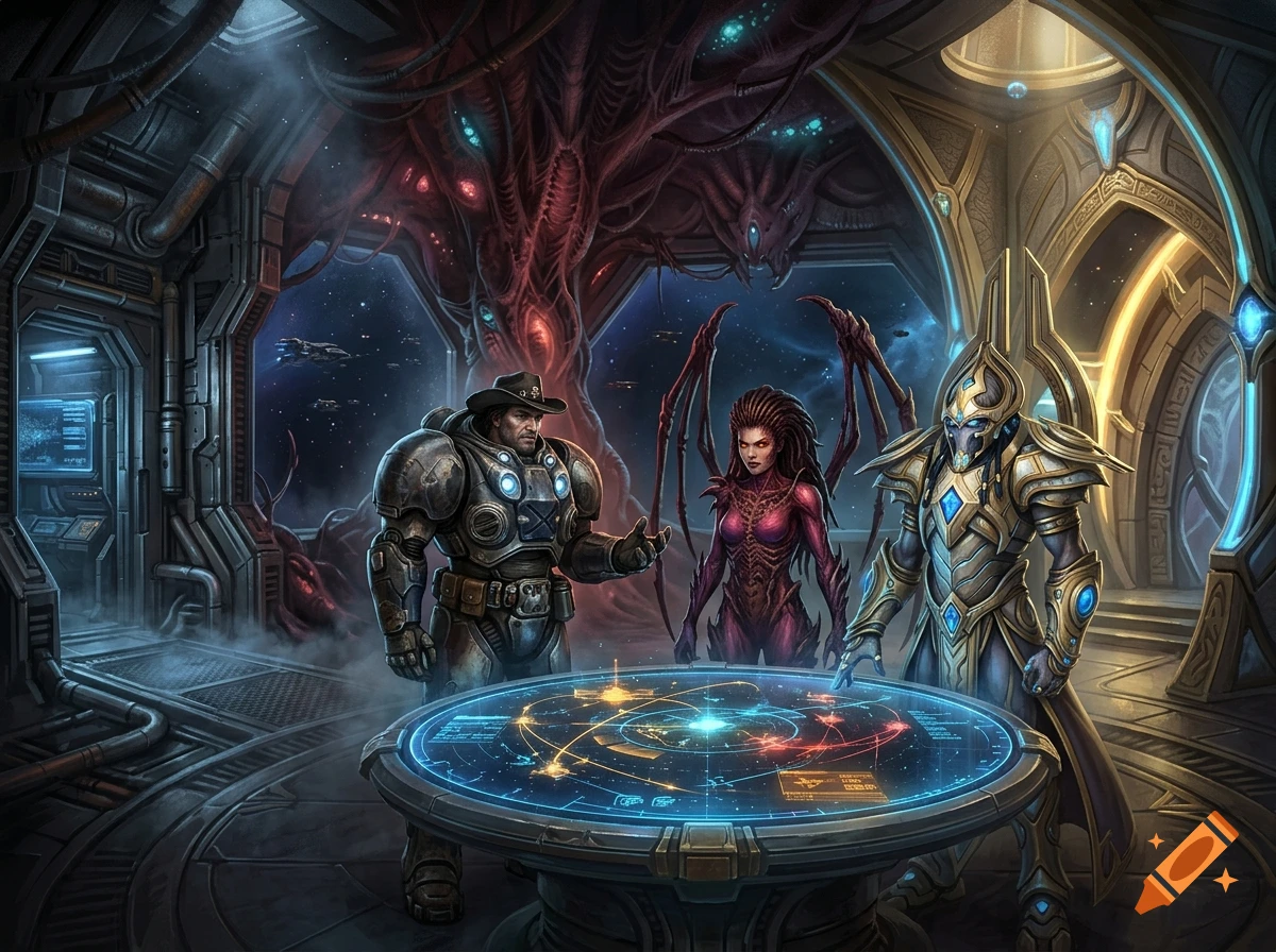 Jim Raynor, Sarah Kerrigan, and Artanis gathered around a glowing holographic map table inside a futuristic StarCraft council room.