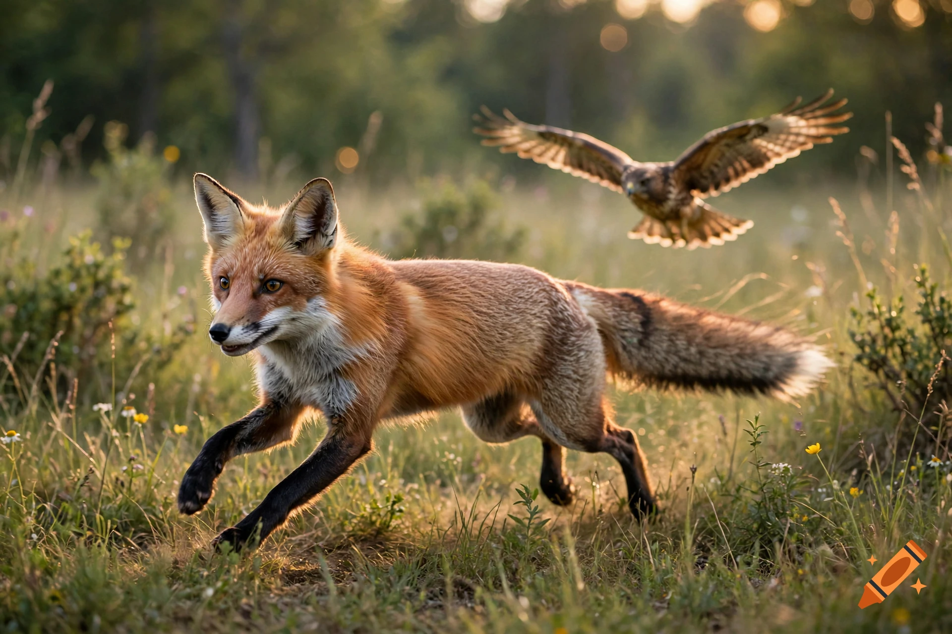 Photorealistic image of a red fox running through a grassy field with a bird flying behind it in the sunset.