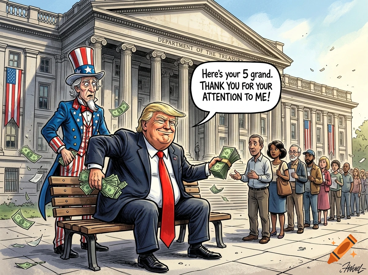 Political cartoon of Donald Trump on a bench handing money to voters, with Uncle Sam in the background at the U.S. Treasury.