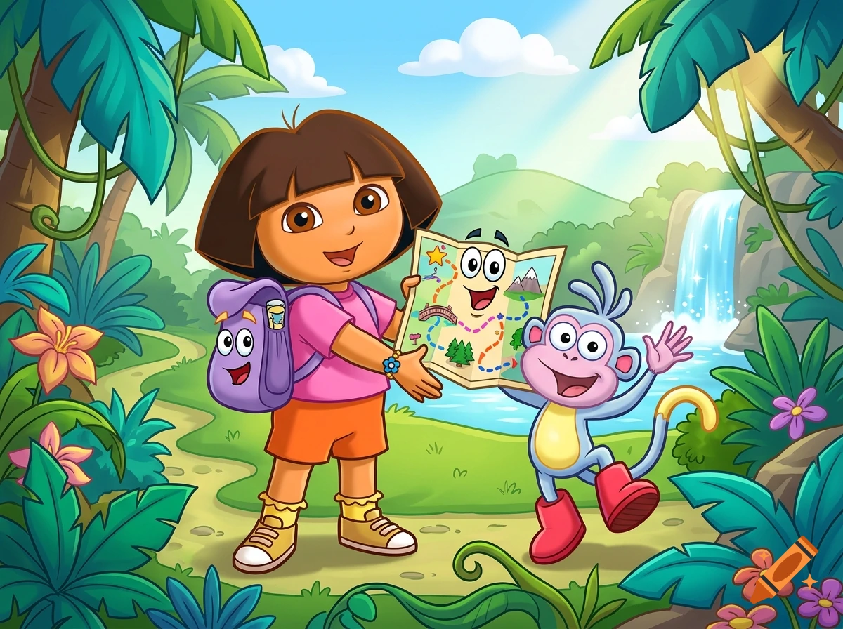 An animated illustration of Dora holding a map, with Boots the monkey and her backpack in a lush tropical setting with a waterfall.