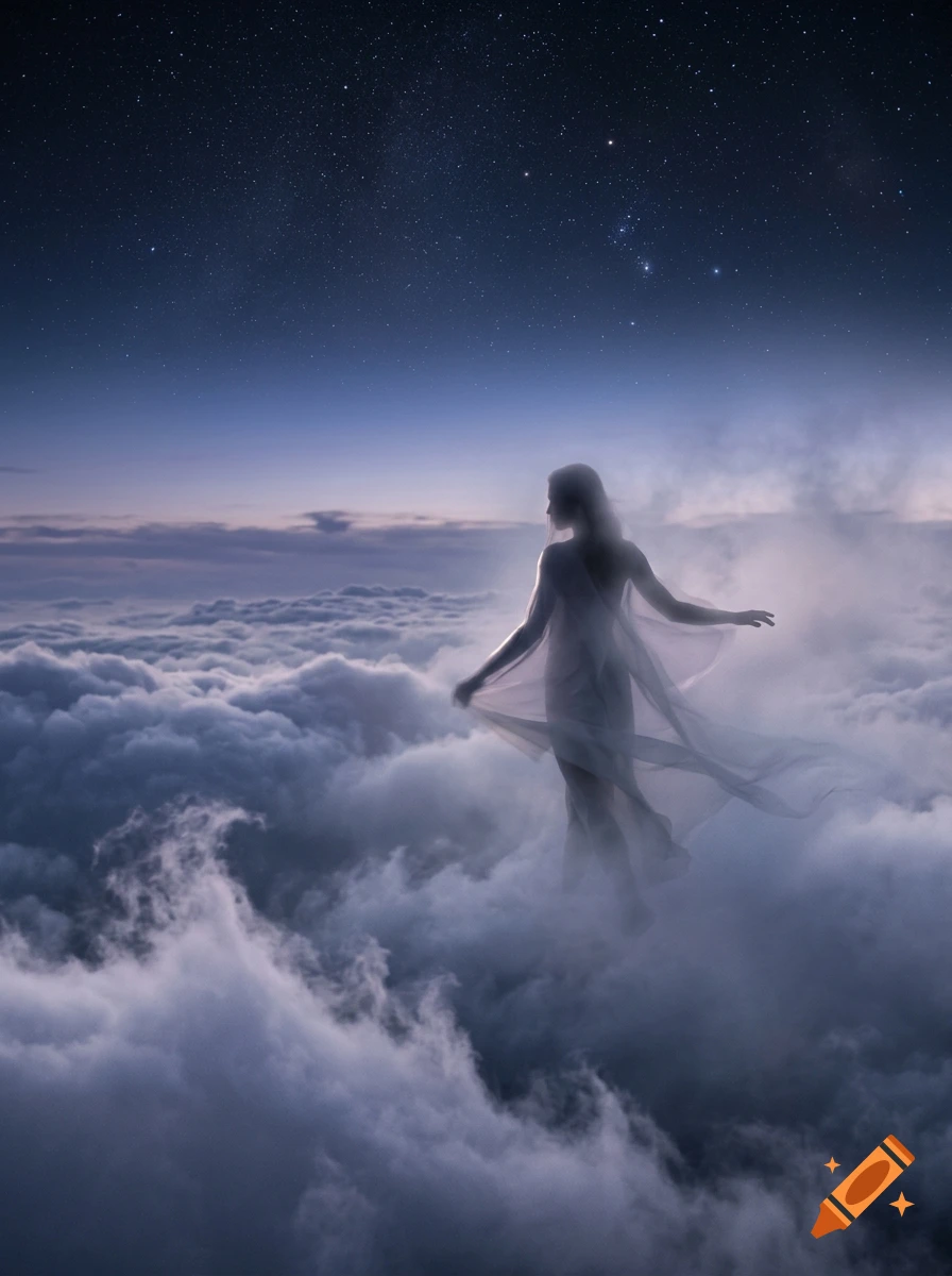 An ethereal, translucent figure dances gracefully above a sea of clouds beneath a starry night sky, photorealistic style.